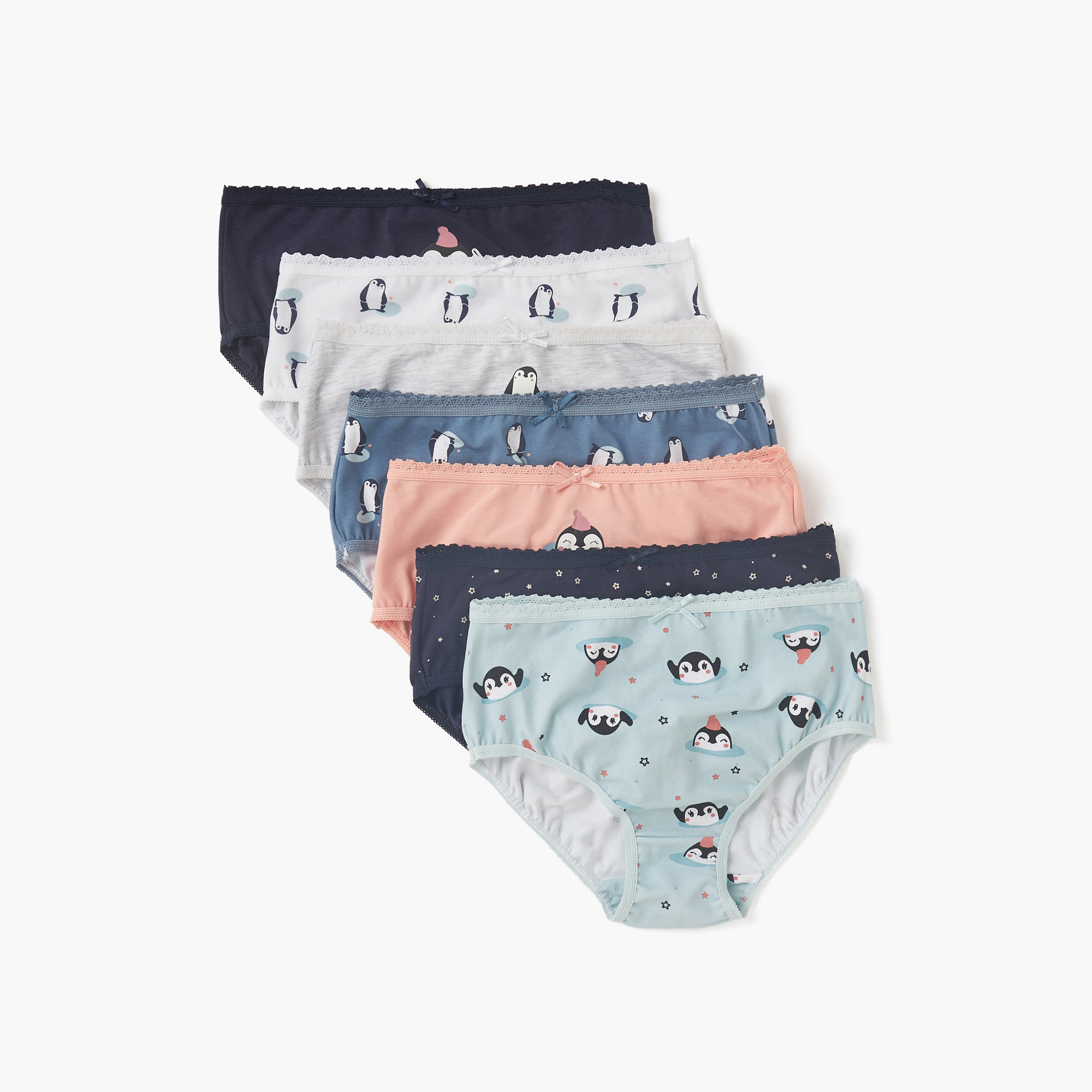Juniors Penguin Print Briefs with Elasticated Waistband - Set of 7-girls-clothing-innerwear-panties-image-1