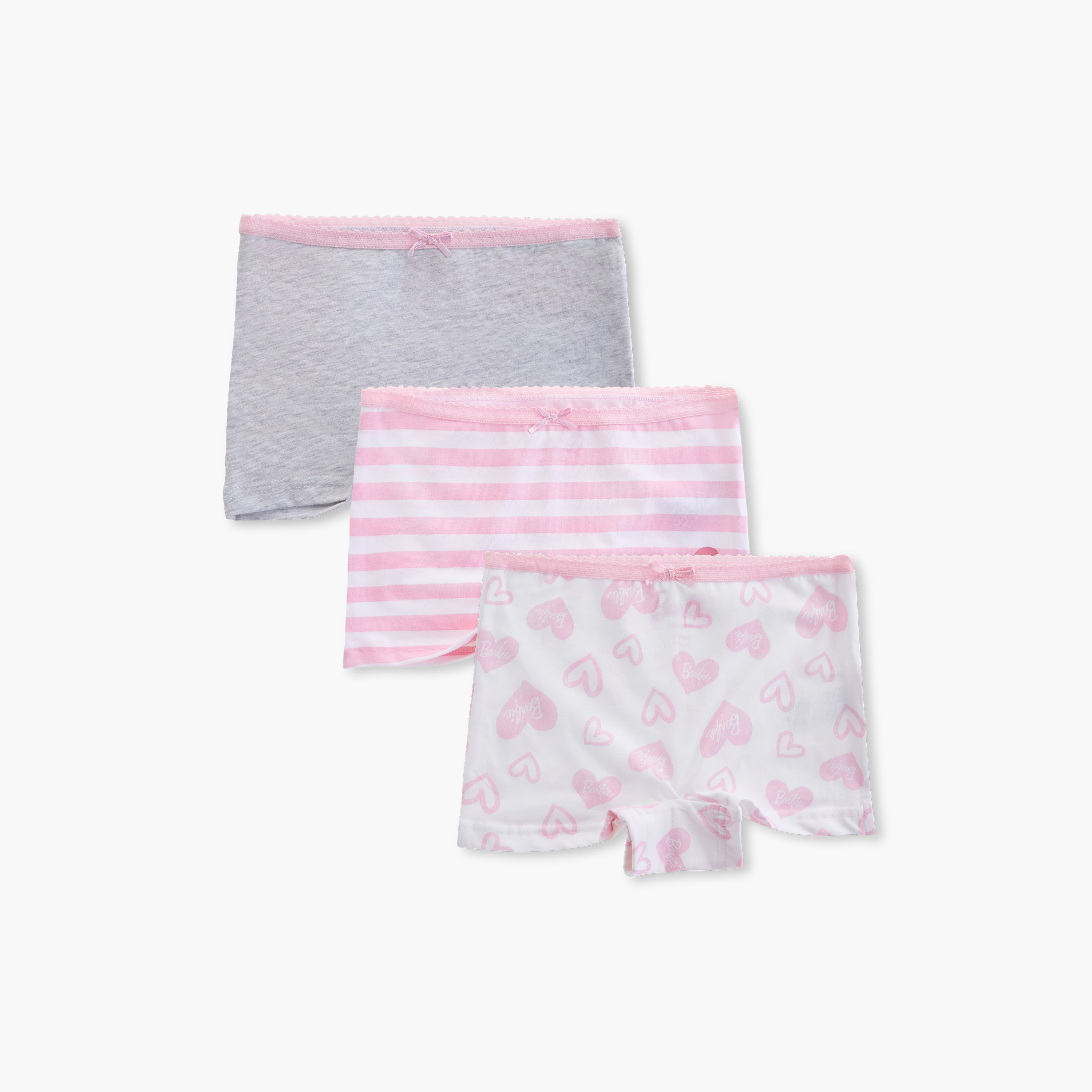 Barbie Print Boyshorts with Elasticated Waistband and Bow Detail - Set of 3-girls-clothing-innerwear-panties-image-1