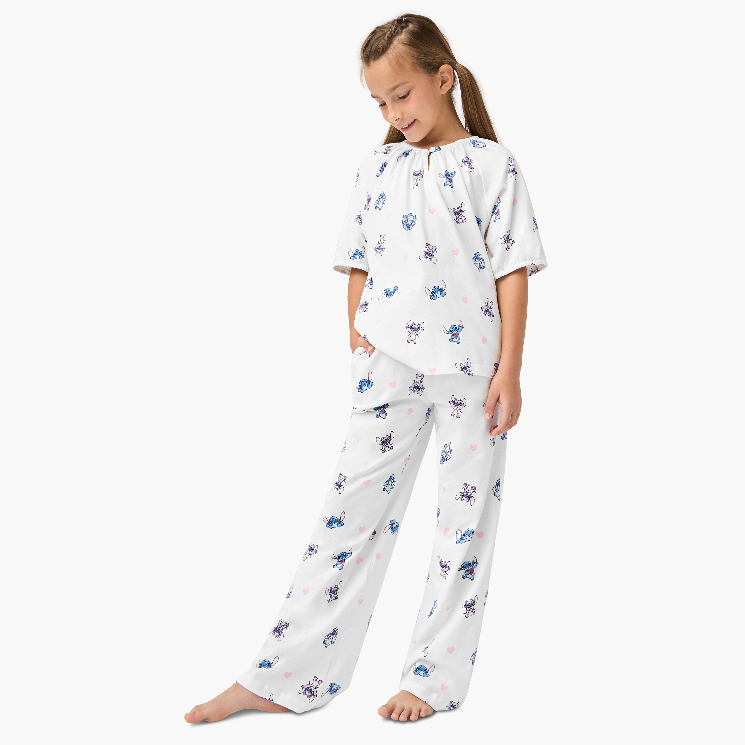 Disney Stitch and Angel Print Top and Pyjama Set-girls-clothing-nightwear-image-1