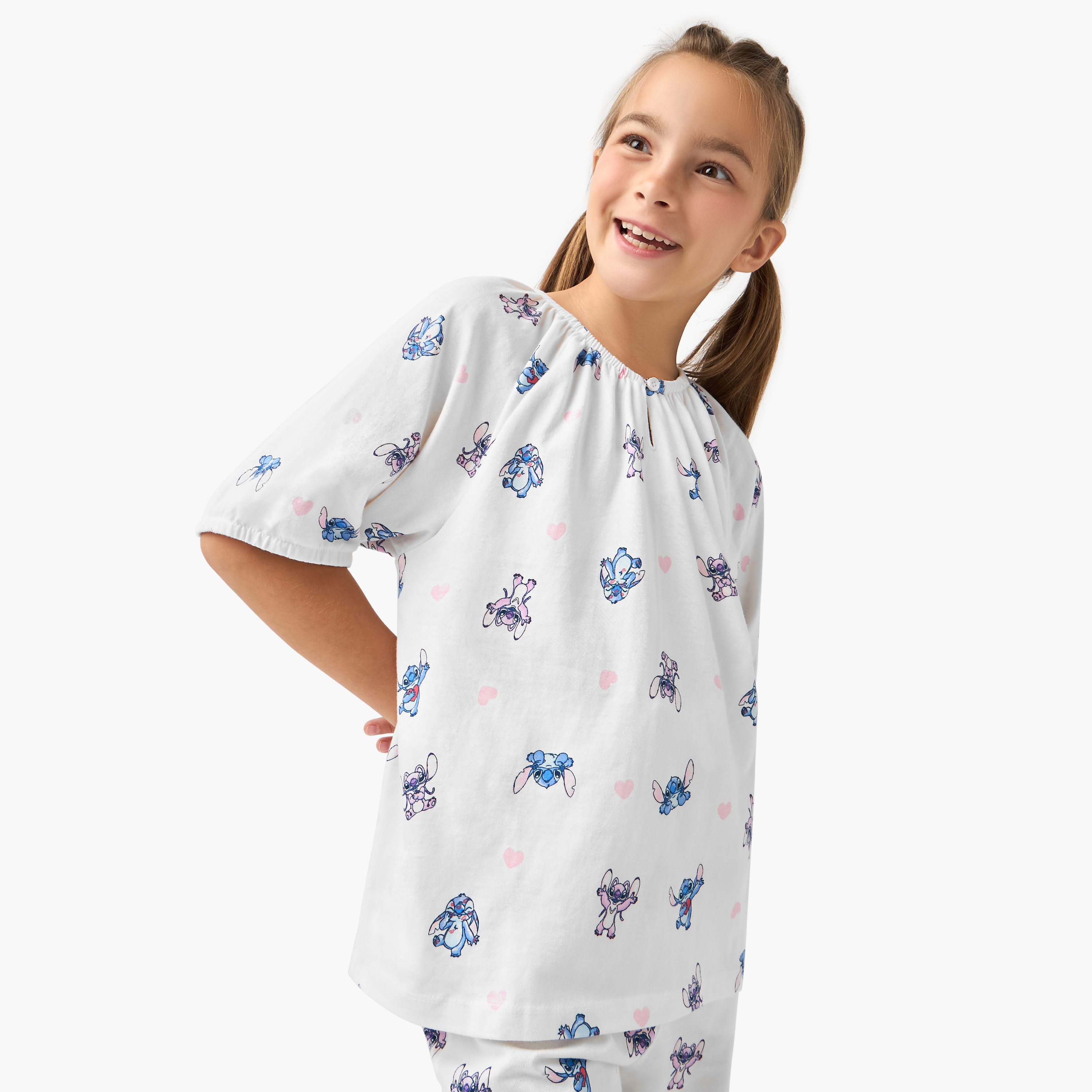 Disney Stitch and Angel Print Top and Pyjama Set-girls-clothing-nightwear-image-2