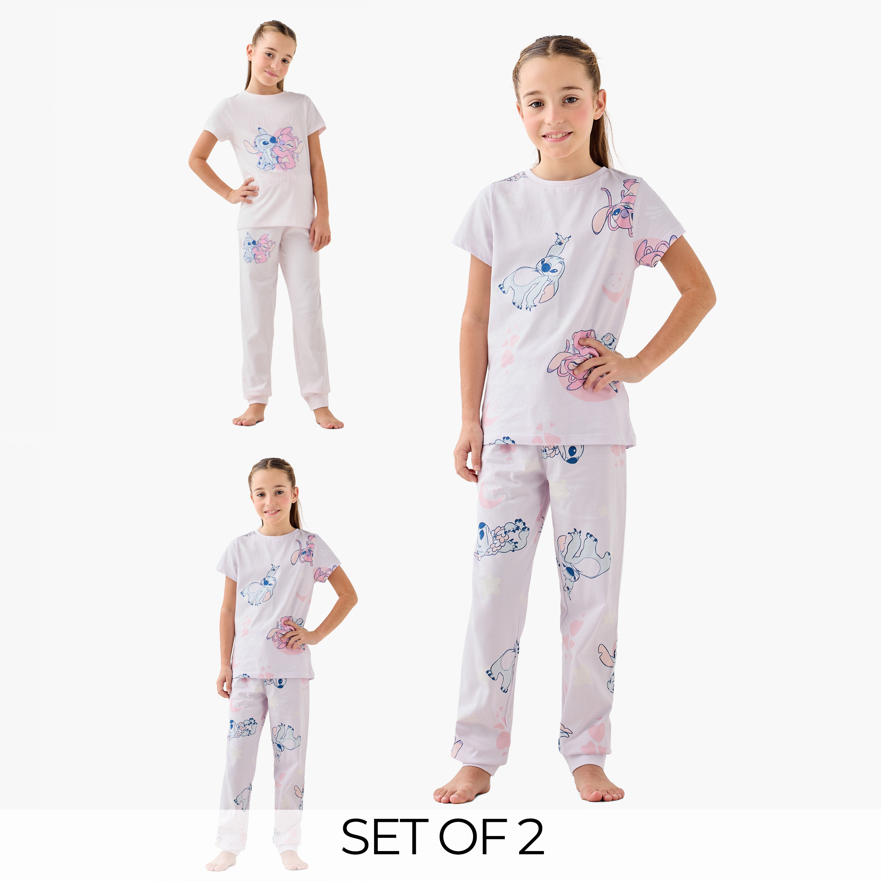 Disney Stitch and Angel Print T-shirt and Pyjama Set-girls-clothing-nightwear-image-1