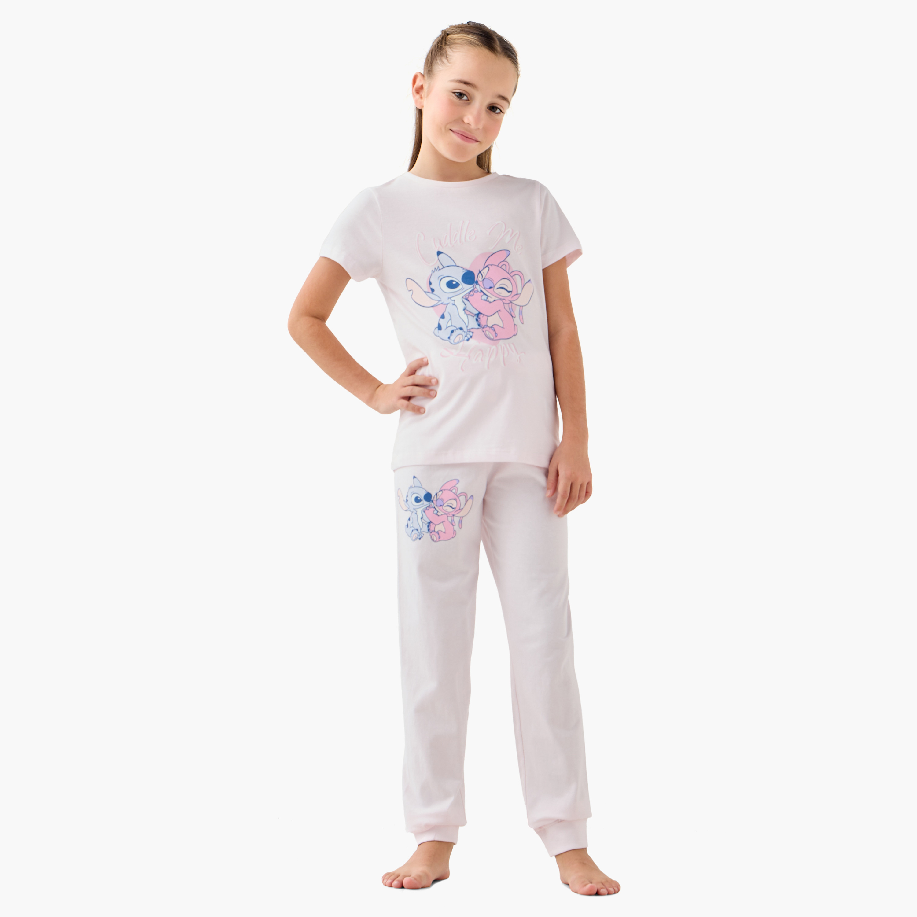 Disney Stitch and Angel Print T-shirt and Pyjama Set-girls-clothing-nightwear-image-2
