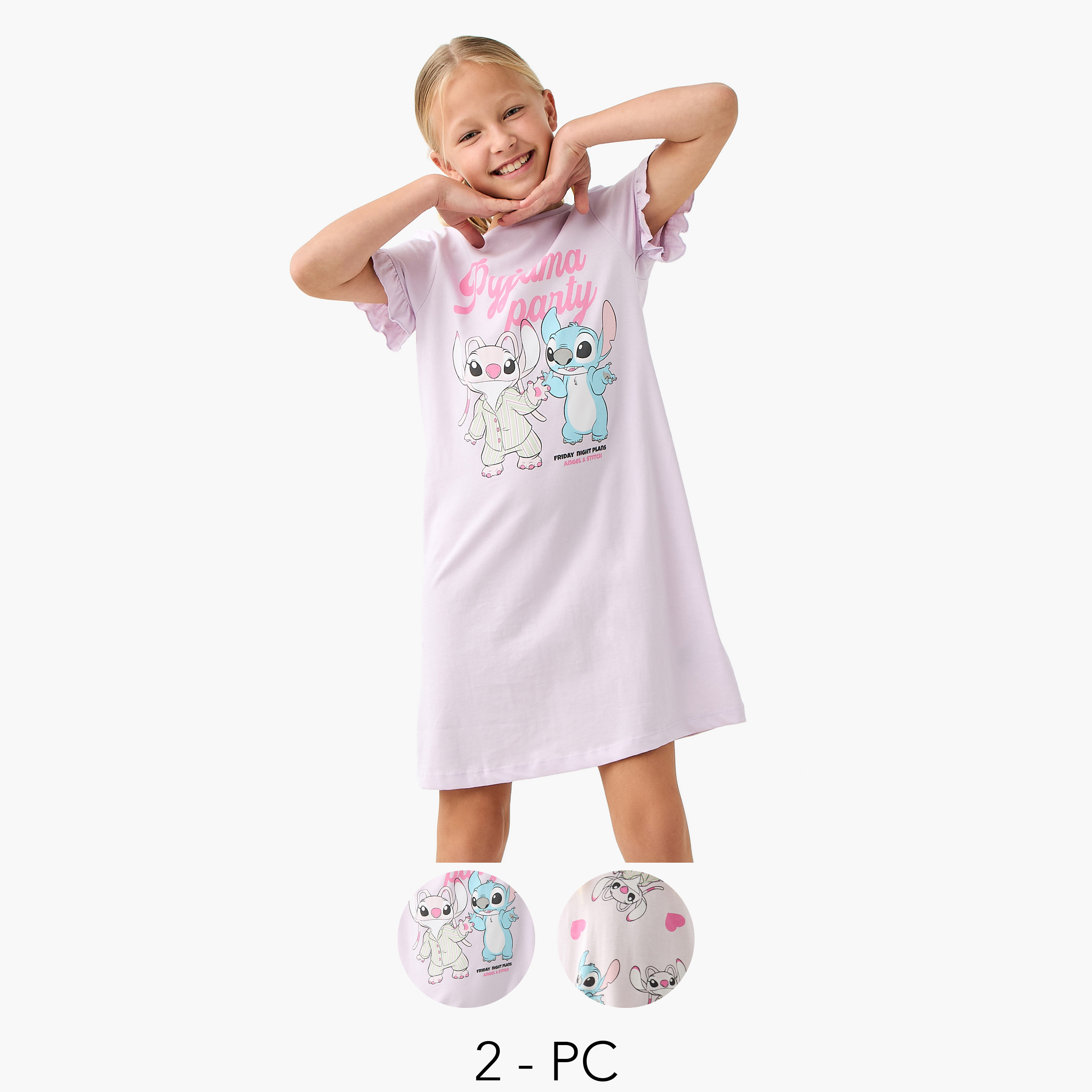 Disney Angel and Stitch Print Night Dress with Ruffle Detail - Set of 2-girls-clothing-nightwear-image-1