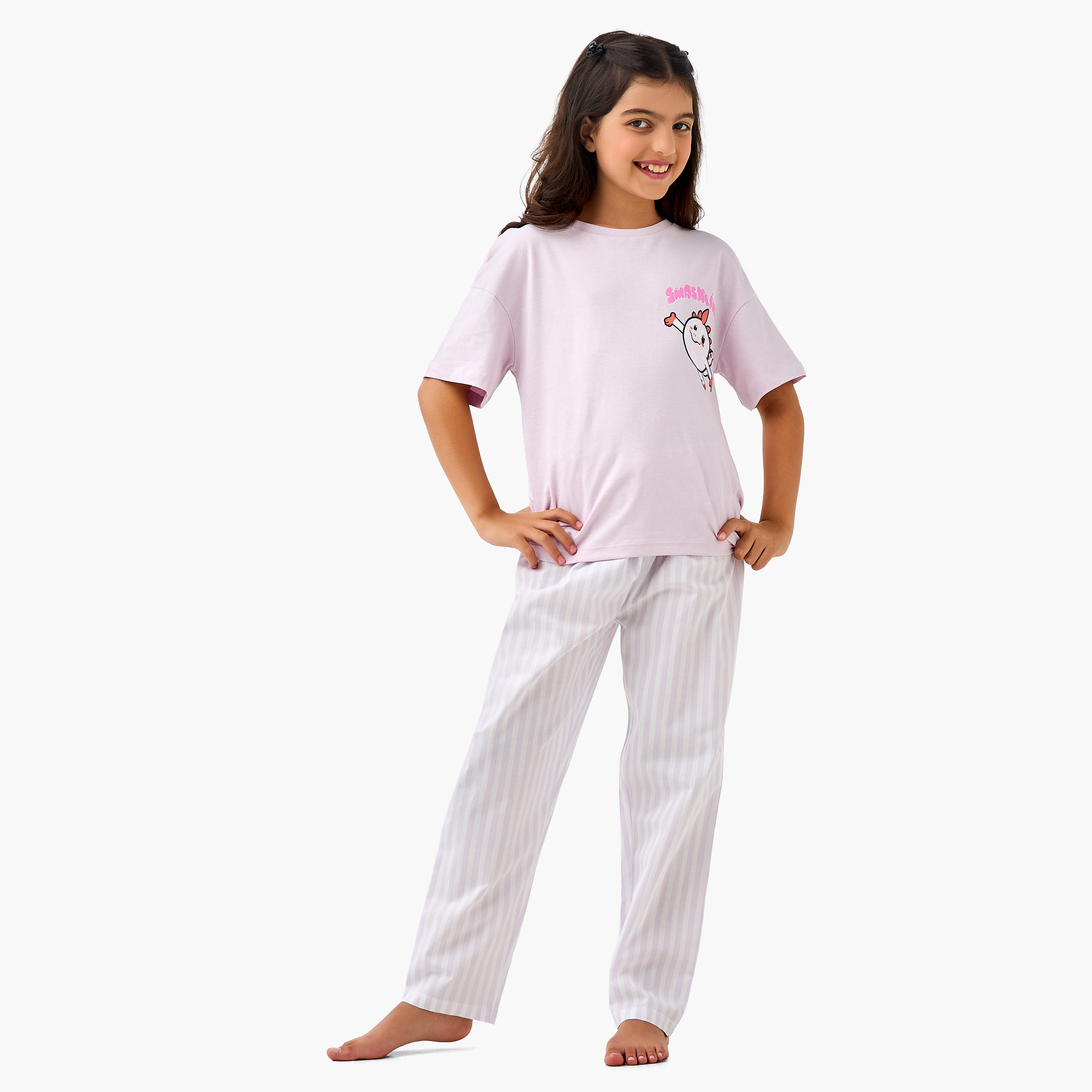 Printed T-shirt and Striped Pyjama Set-girls-clothing-nightwear-image-1