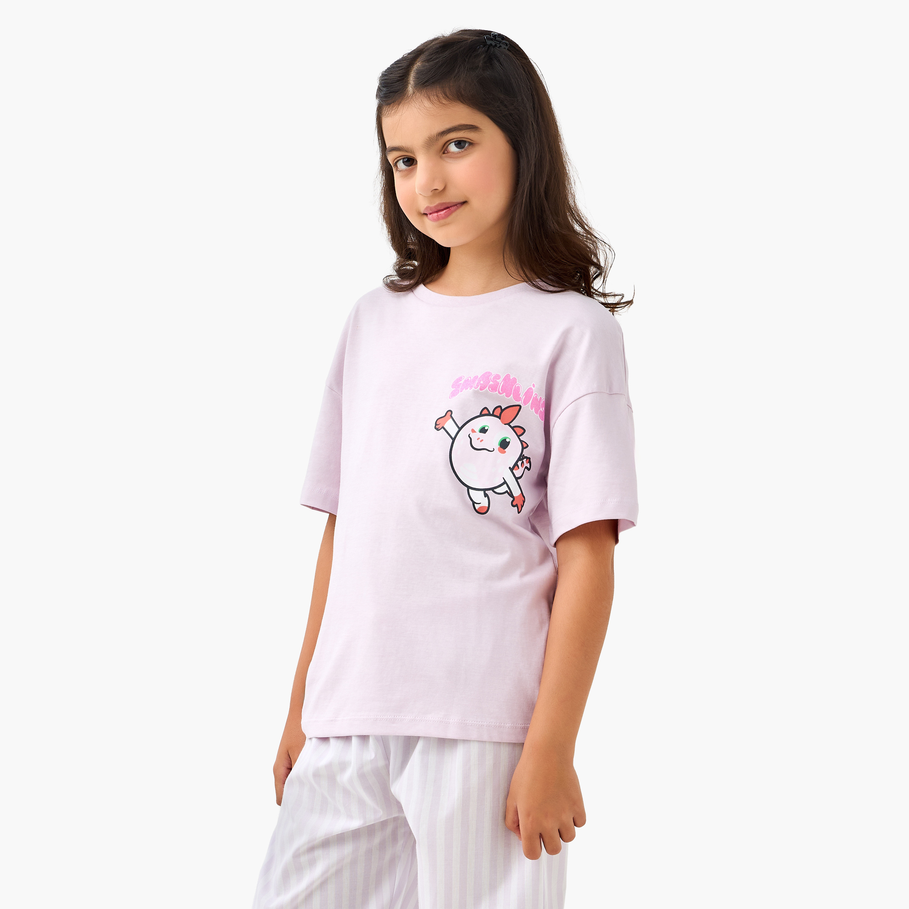 Printed T-shirt and Striped Pyjama Set-girls-clothing-nightwear-image-2