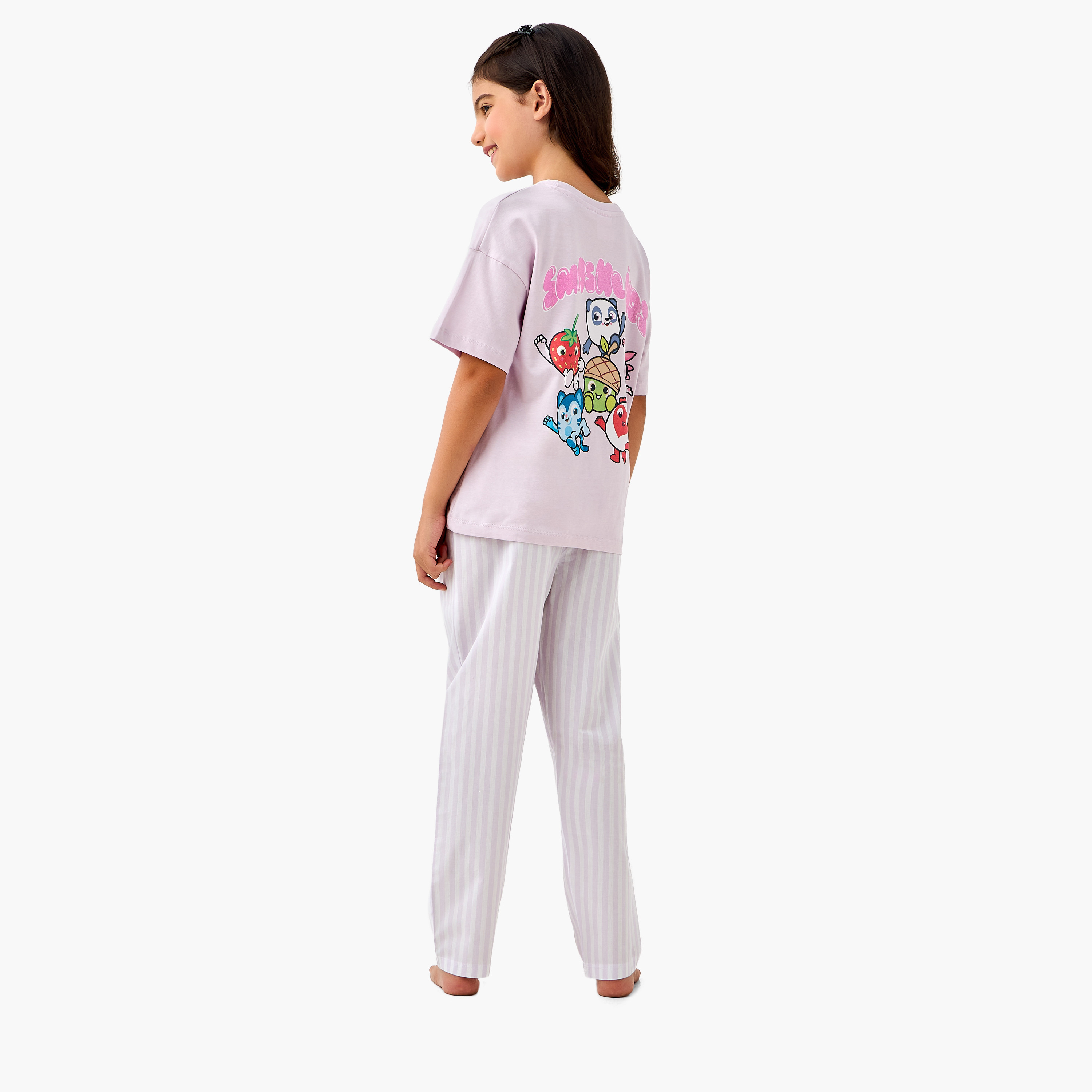 Printed T-shirt and Striped Pyjama Set-girls-clothing-nightwear-image-4
