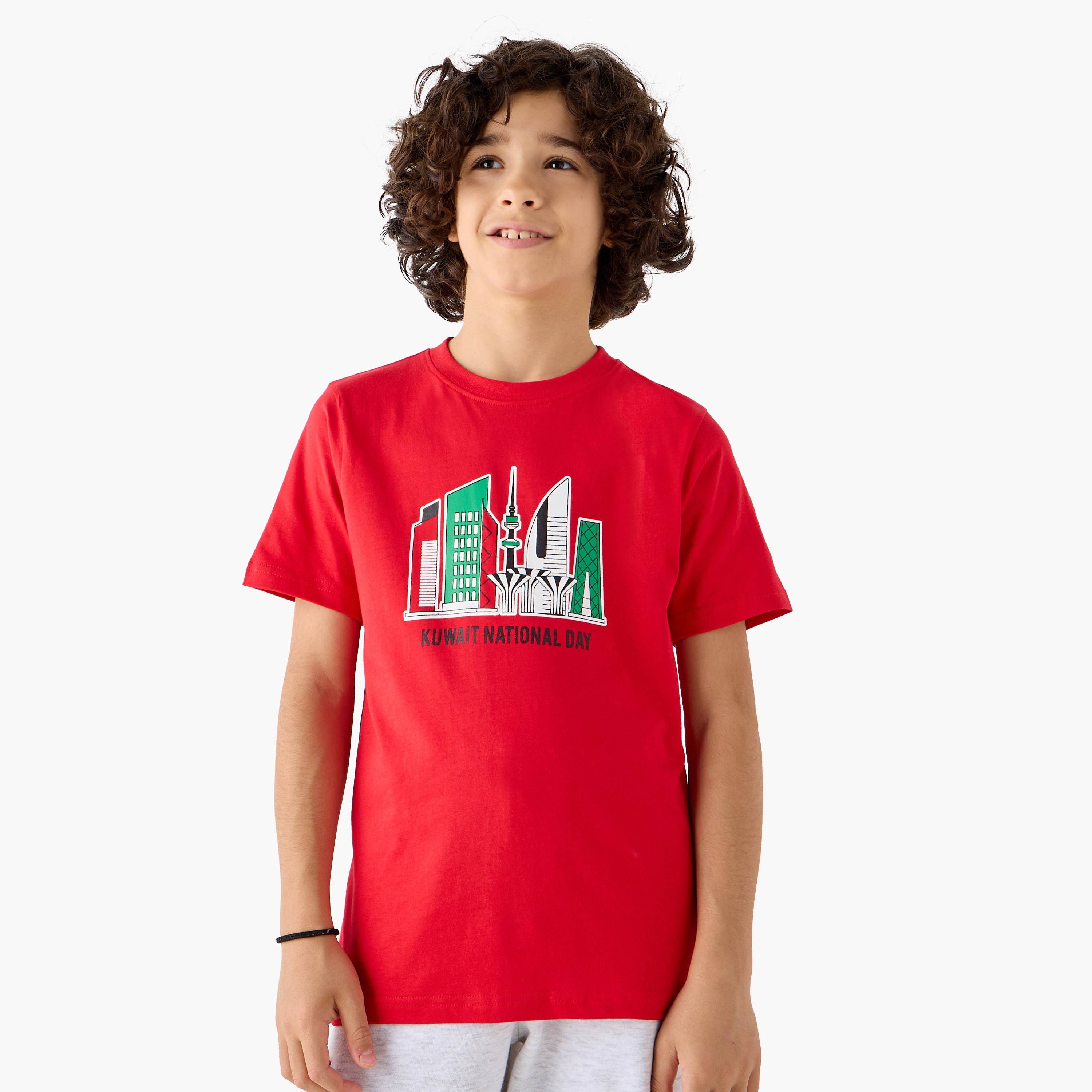 Juniors Kuwait National Day Print Crew Neck T-shirt with Short Sleeves-boys-clothing-tshirtsandpolos-image-1