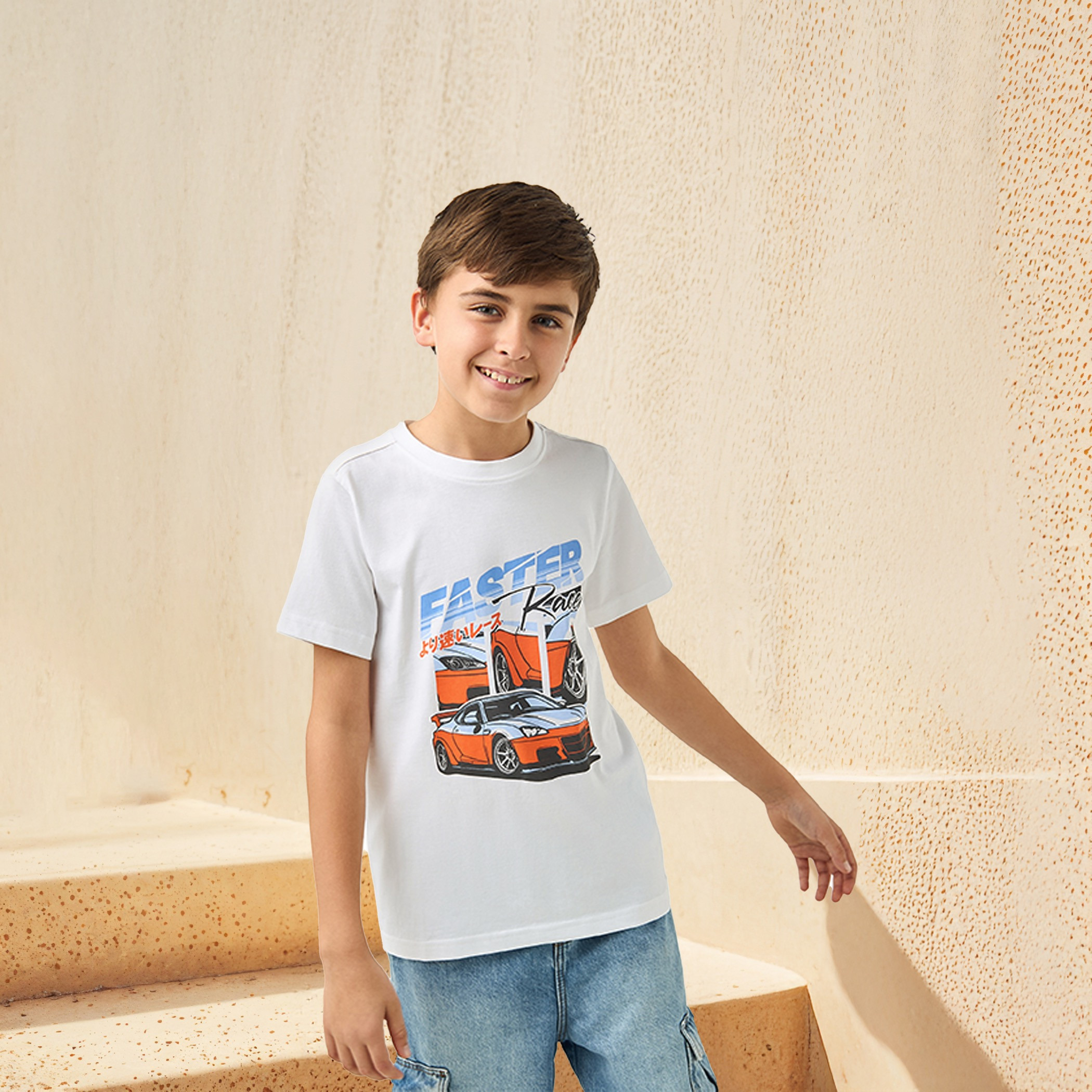 Juniors Car Print T-shirt with Crew Neck and Short Sleeves-boys-clothing-tshirtsandpolos-image-1