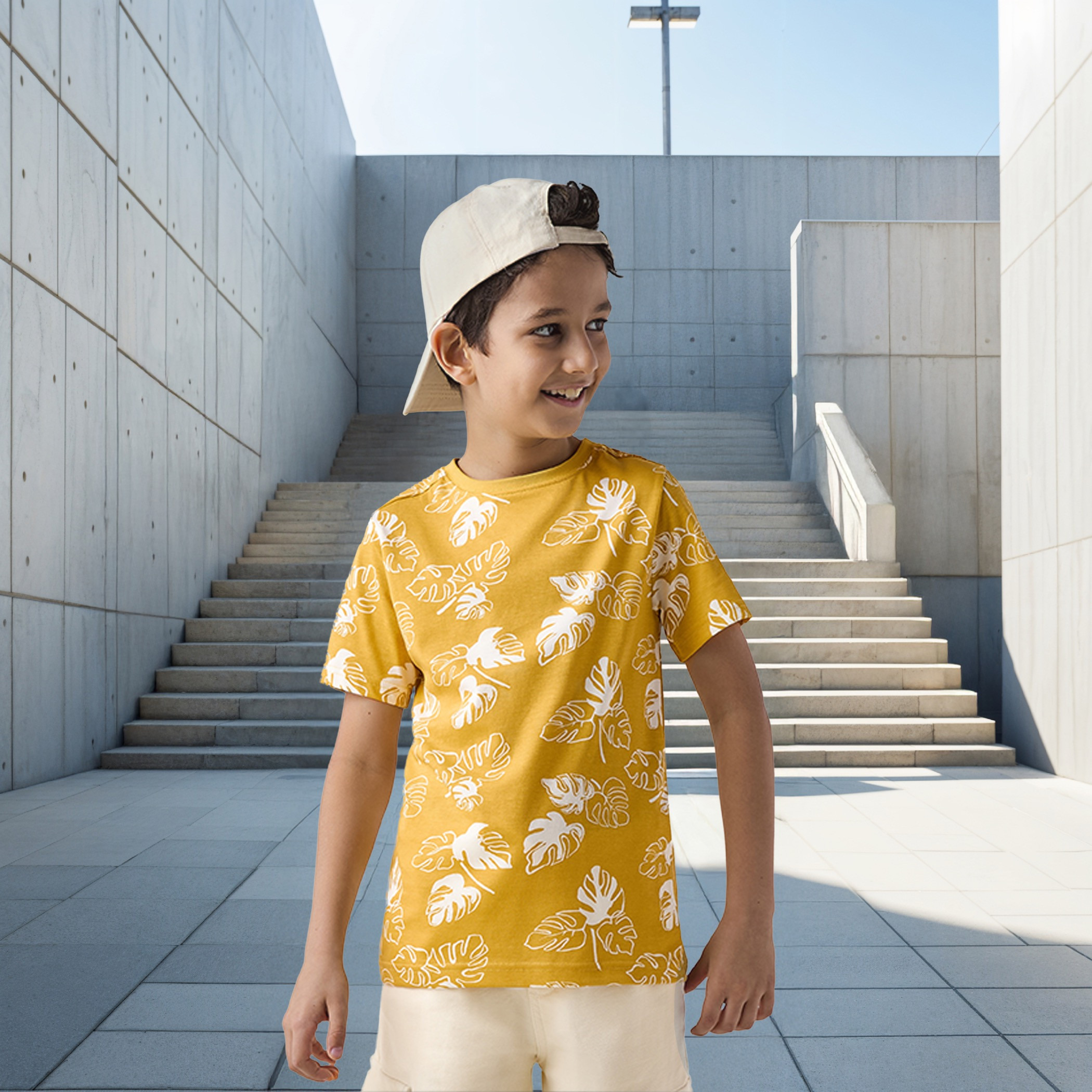 Juniors All-Over Leaf Print T-shirt with Short Sleeves-boys-clothing-tshirtsandpolos-image-1
