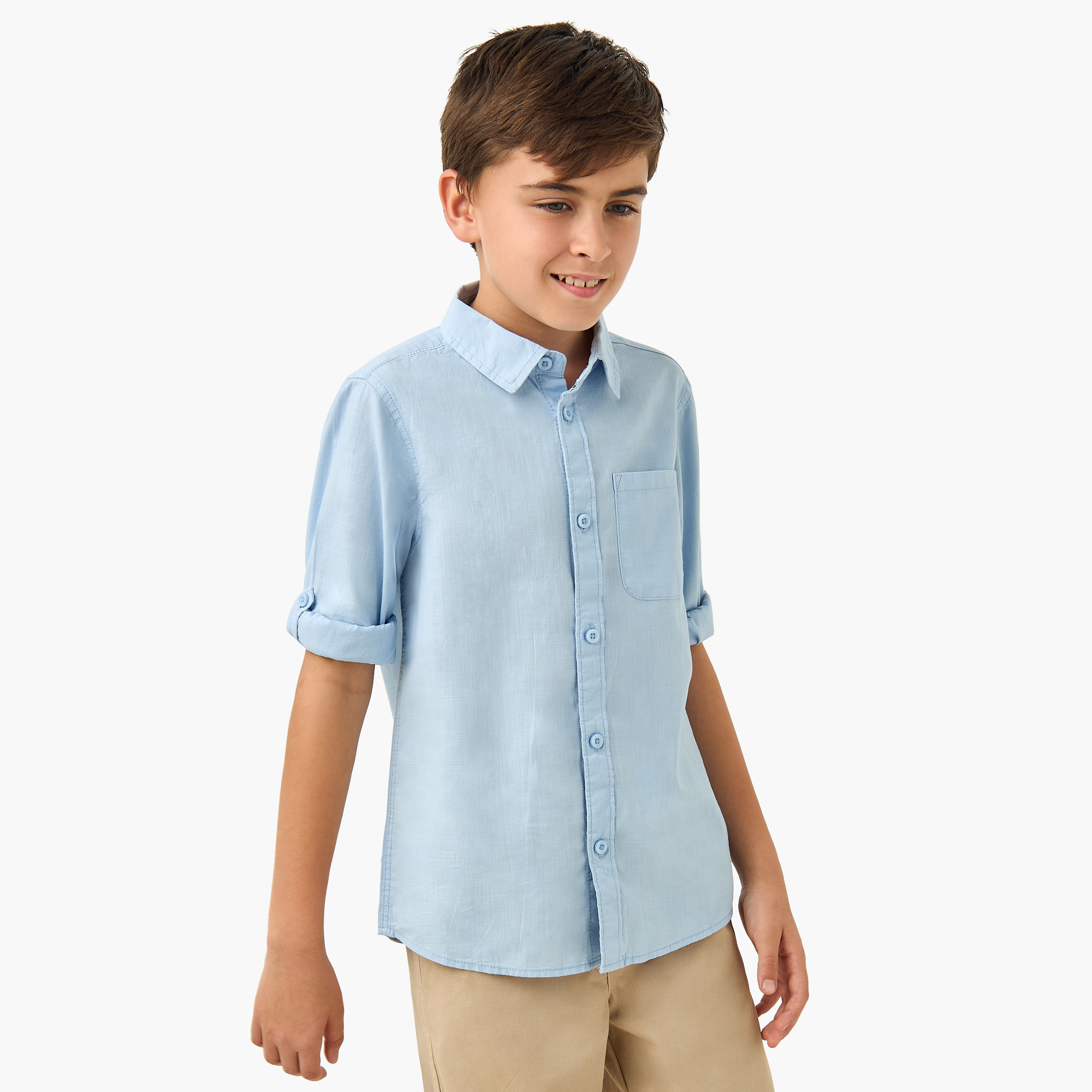 Juniors Solid Shirt with Long Sleeves and Chest Pocket-boys-clothing-shirts-image-1
