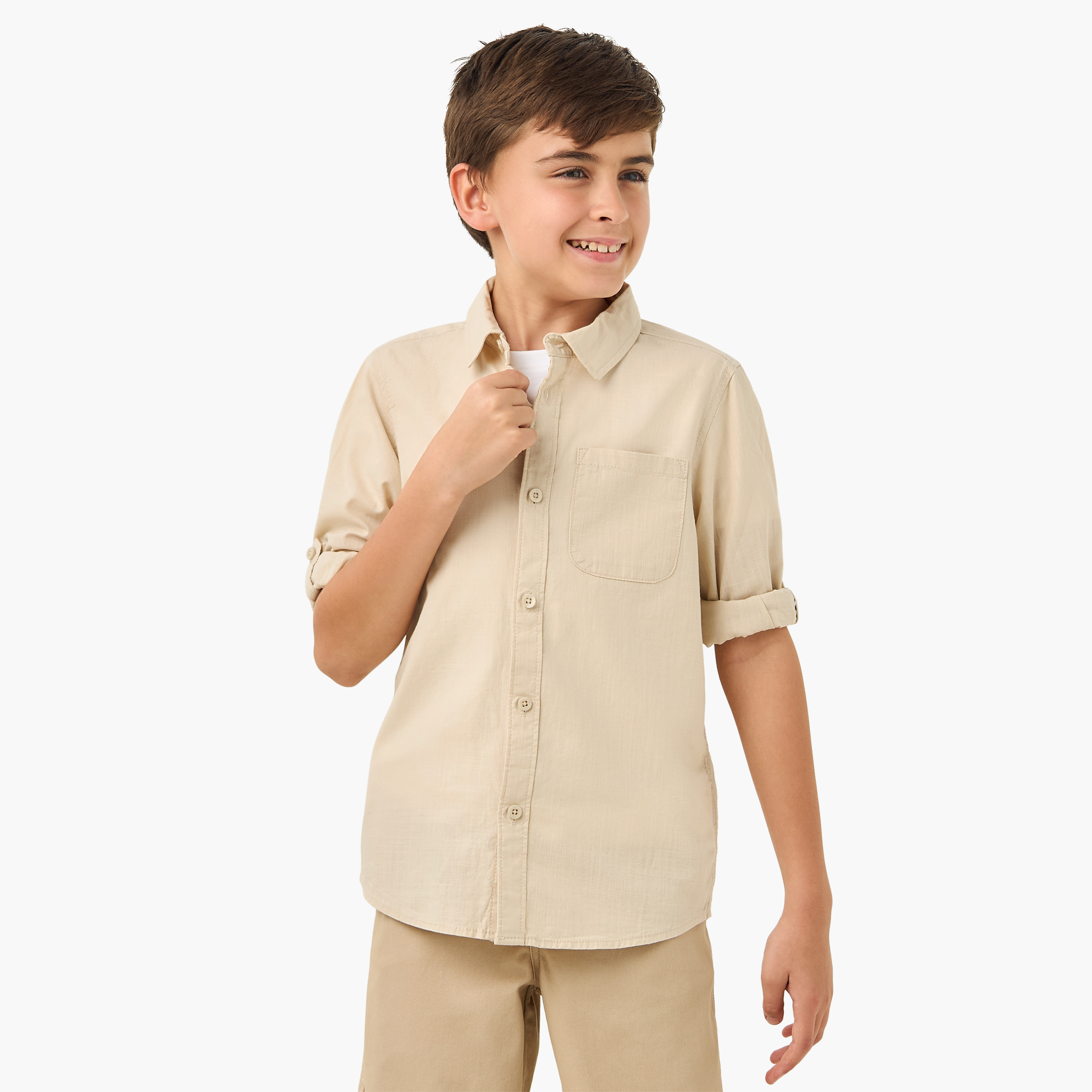 Juniors Solid Shirt with Long Sleeves and Chest Pocket-boys-clothing-shirts-image-1