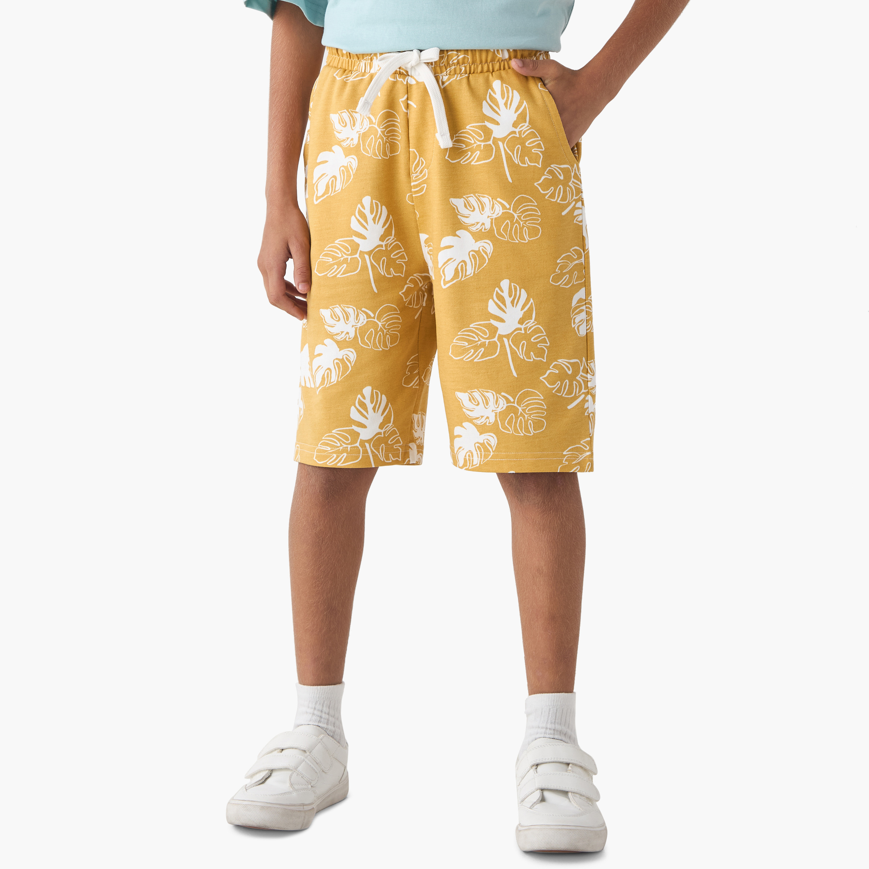 Juniors Leaf Print Shorts with Drawstring Closure and Pockets-boys-clothing-bottoms-shorts-image-1