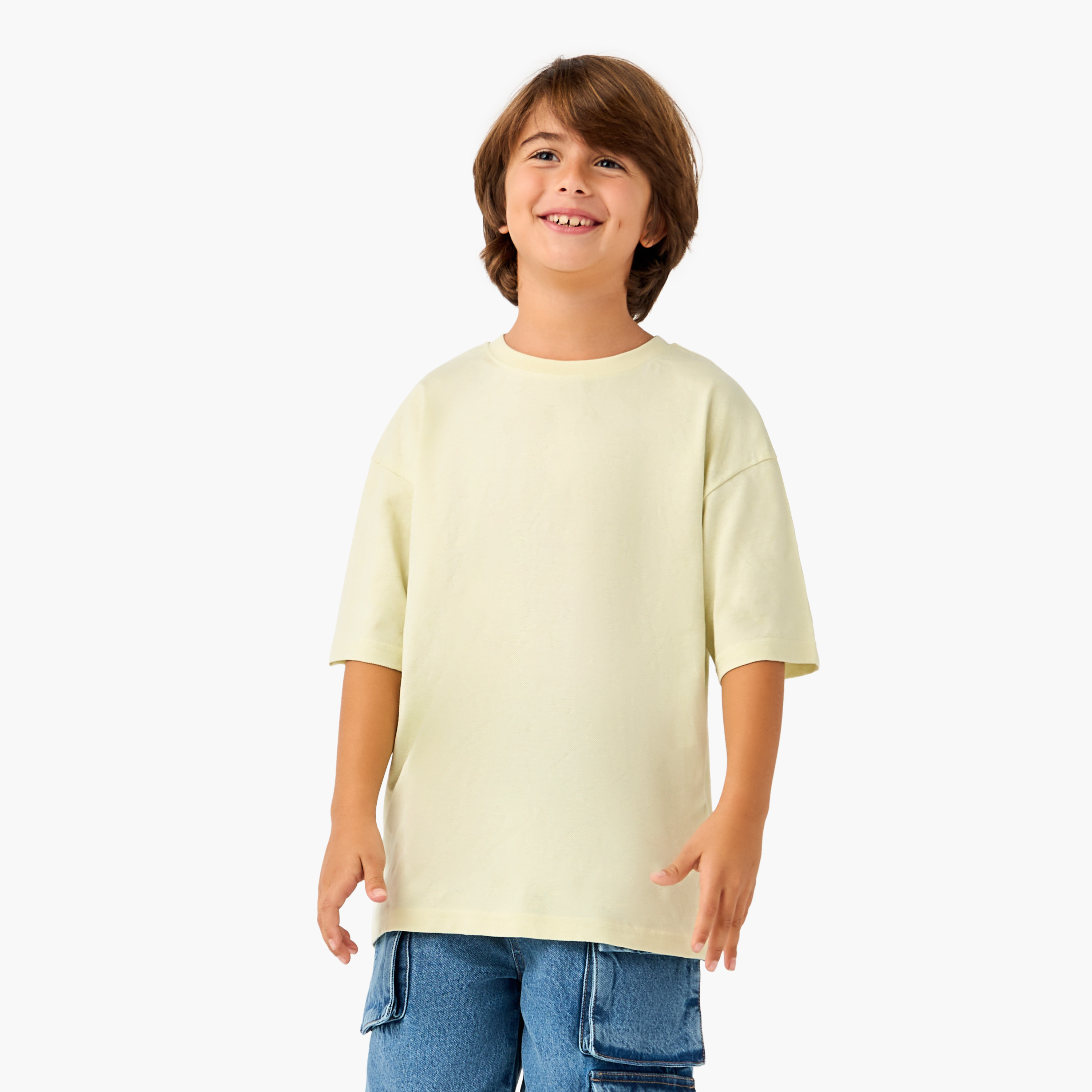 Juniors Jacquard Round Neck T-shirt with Short Sleeves-boys-clothing-tshirtsandpolos-image-1