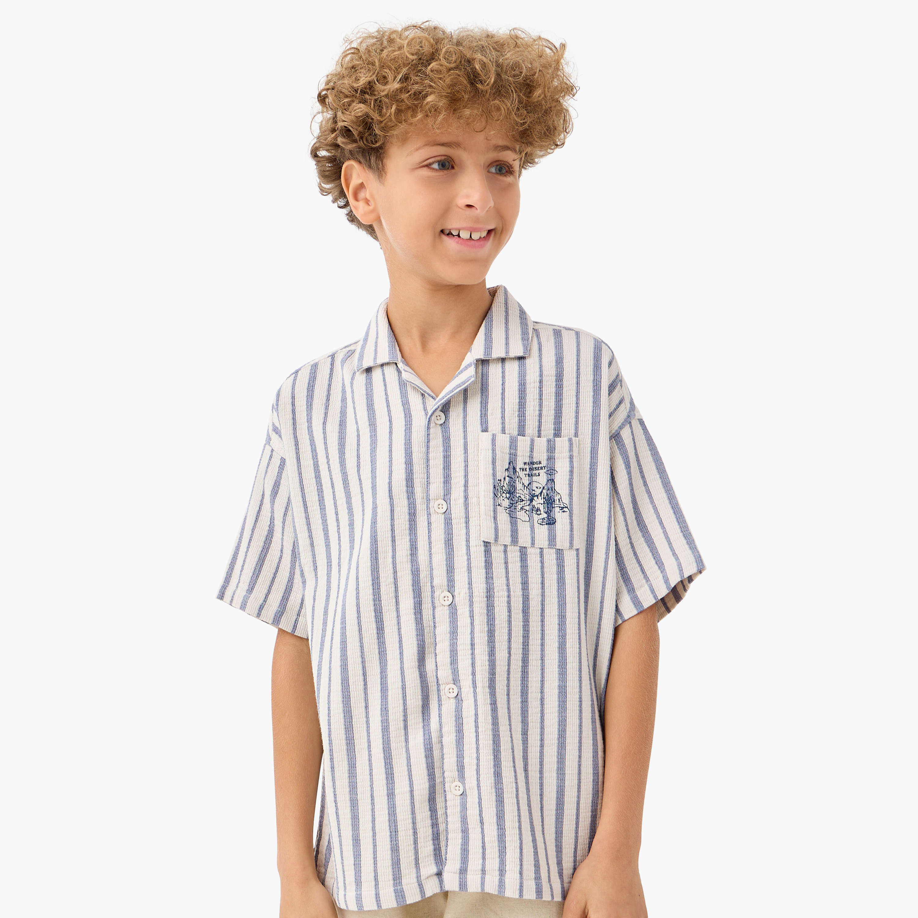 Juniors Striped Camp Collar Shirt with Short Sleeves and Chest Pocket-boys-clothing-shirts-image-1