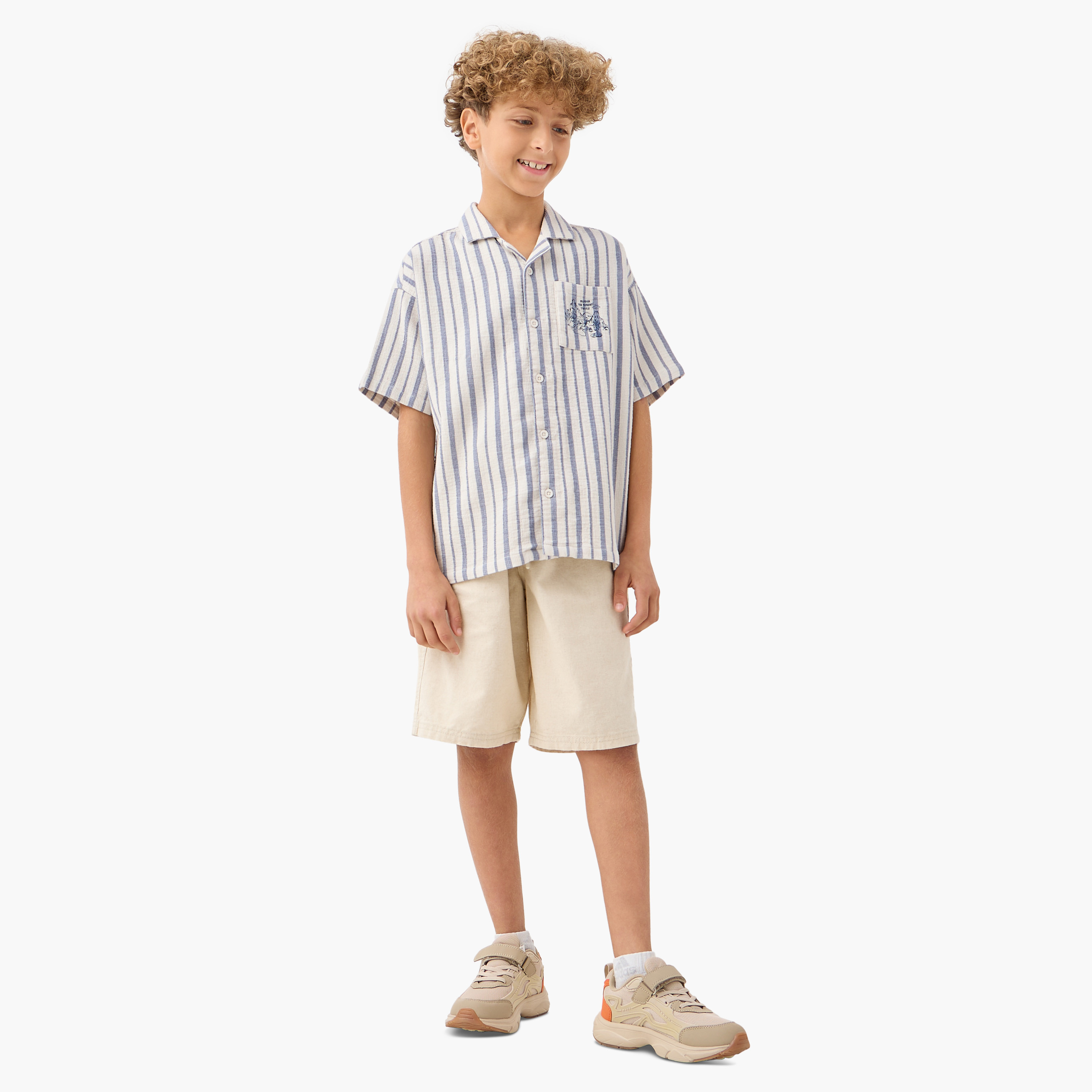 Juniors Striped Camp Collar Shirt with Short Sleeves and Chest Pocket-boys-clothing-shirts-image-2