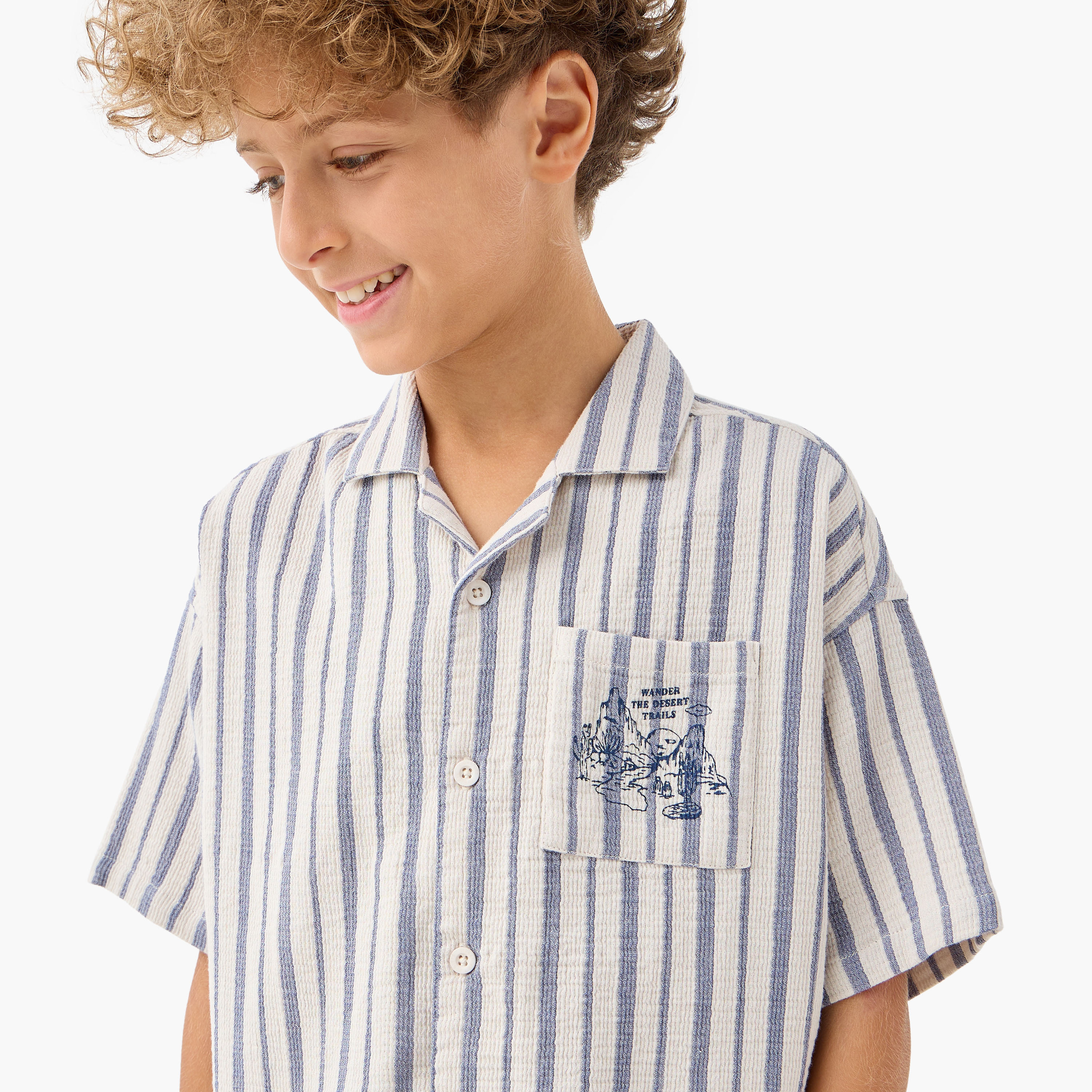 Juniors Striped Camp Collar Shirt with Short Sleeves and Chest Pocket-boys-clothing-shirts-image-4