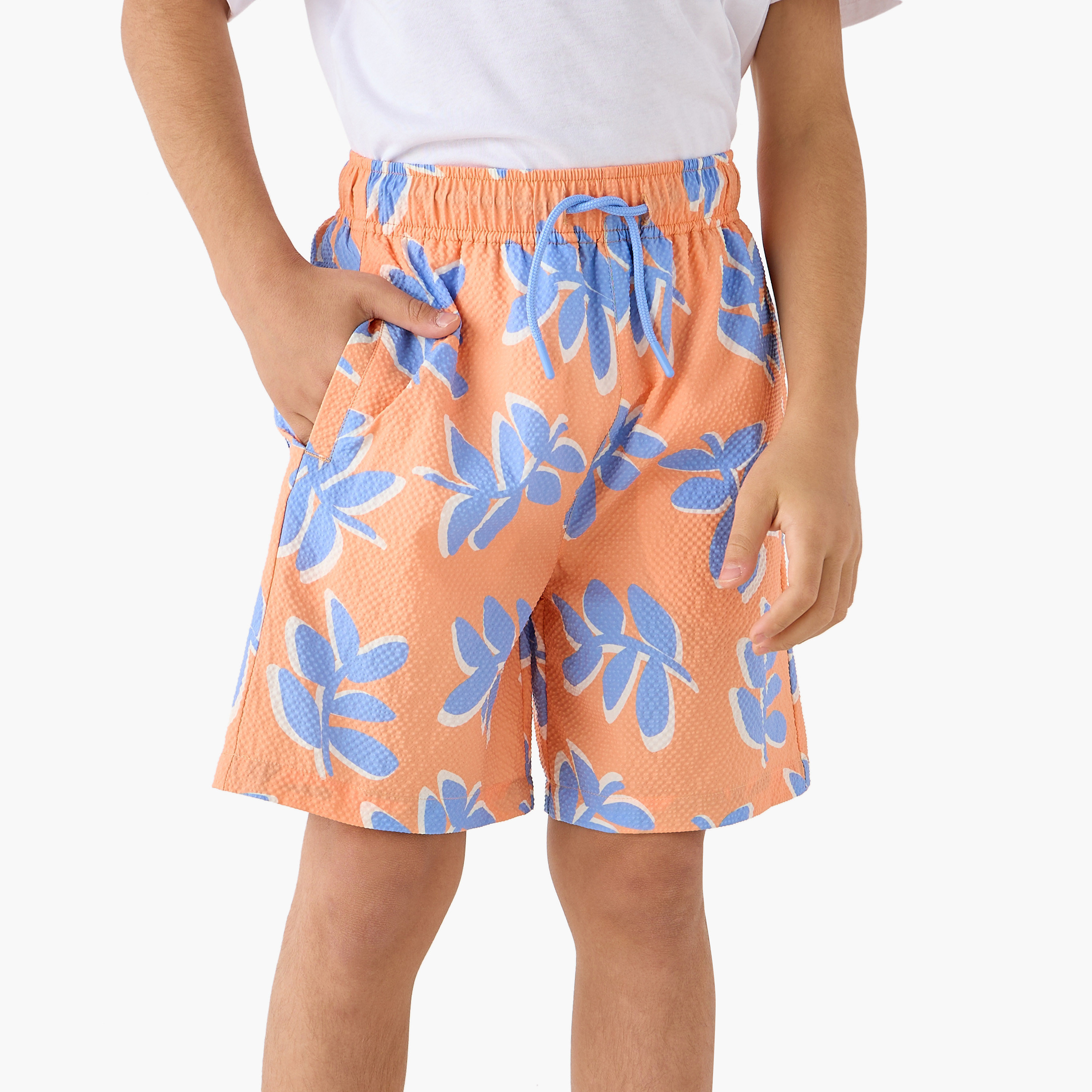 Juniors Leaf Print Swim Shorts with Drawstring Closure-sports-boys-clothing-swimwear-image-1