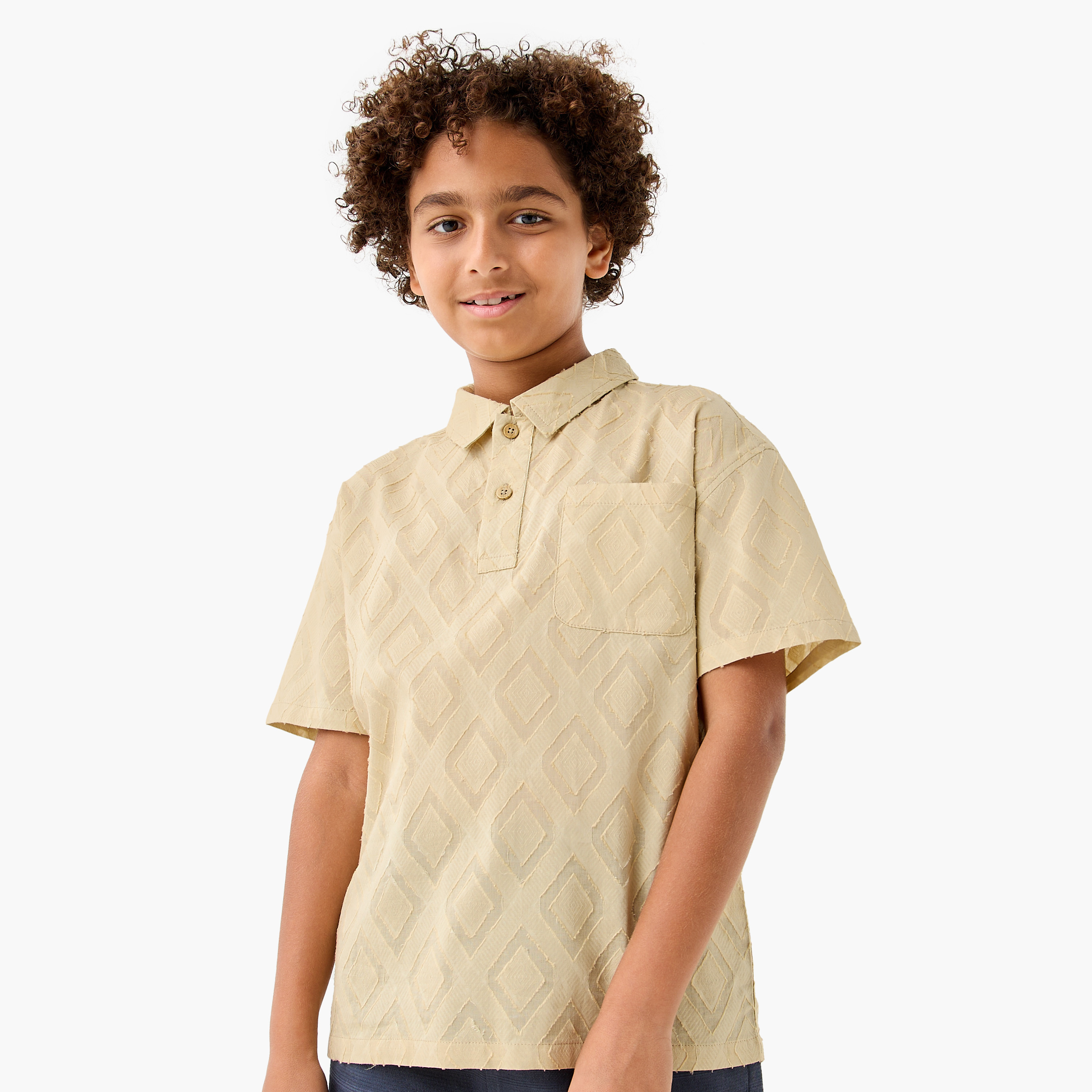 Juniors Textured Collared T-Shirt with Short Sleeves-boys-clothing-tshirtsandpolos-image-1