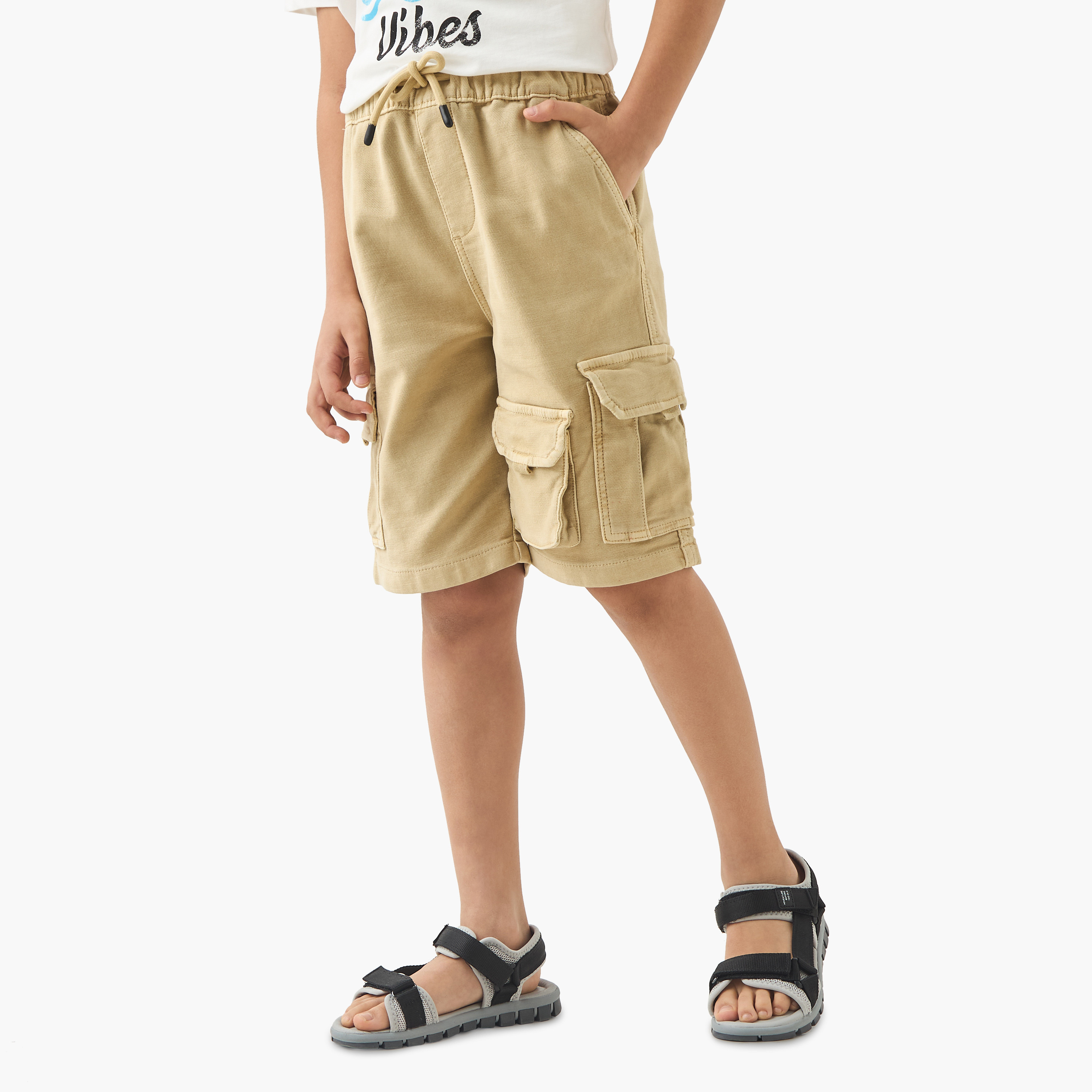 Juniors Solid Cargo Shorts with Drawstring Closure-boys-clothing-bottoms-shorts-image-1