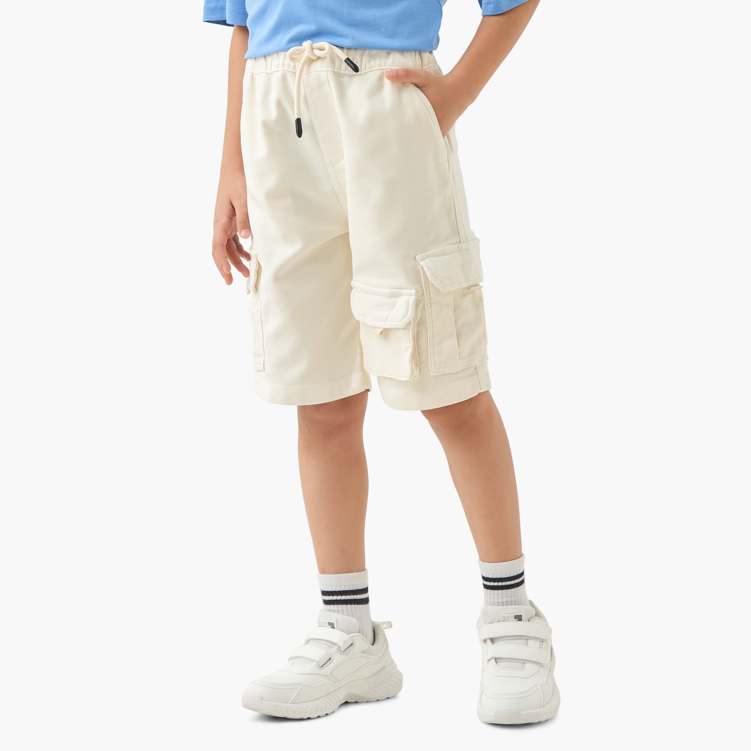 Juniors Solid Cargo Shorts with Drawstring Closure-boys-clothing-bottoms-shorts-image-1