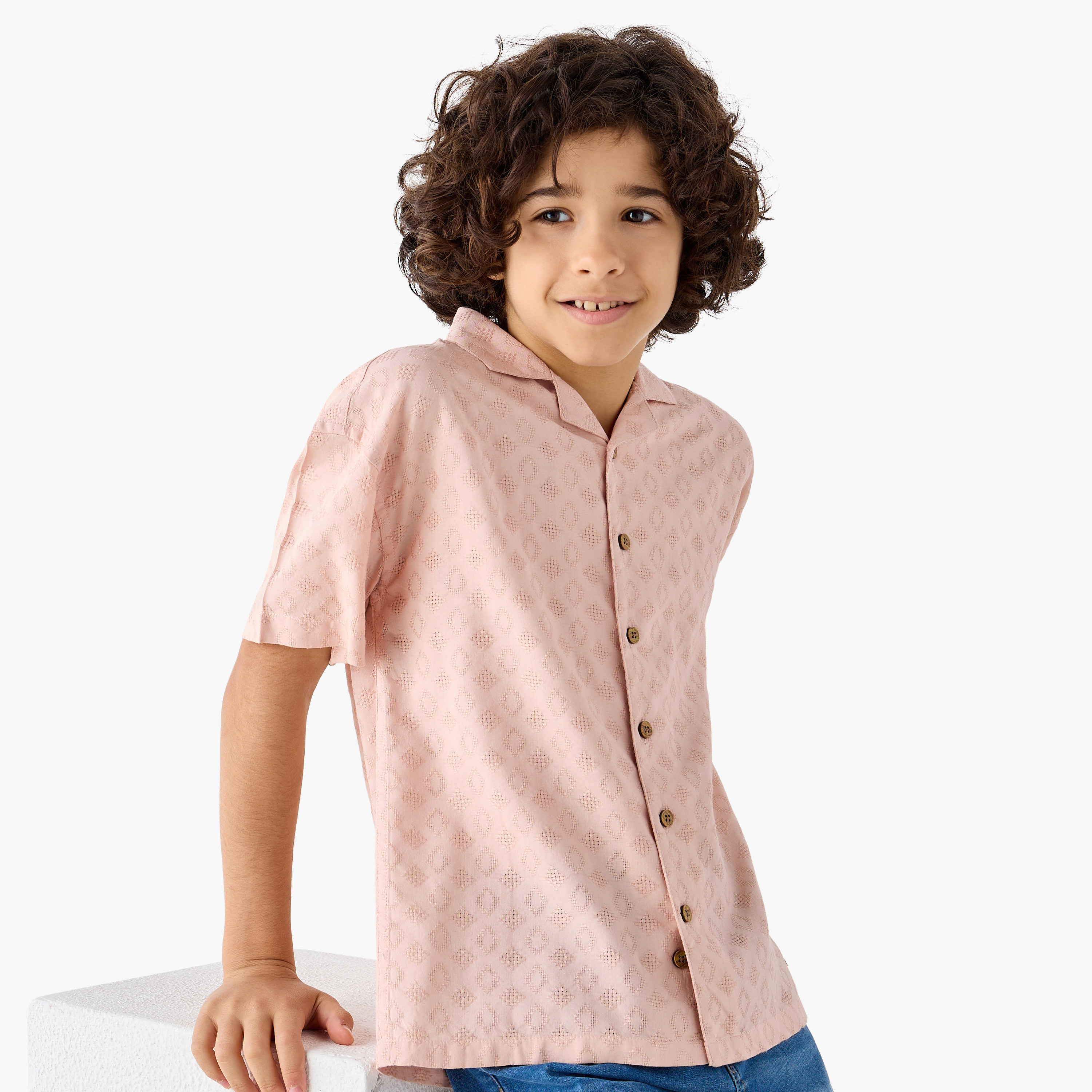 Eligo Textured Camp Collar Shirt with Short Sleeves and Button Closure-boys-clothing-shirts-image-1