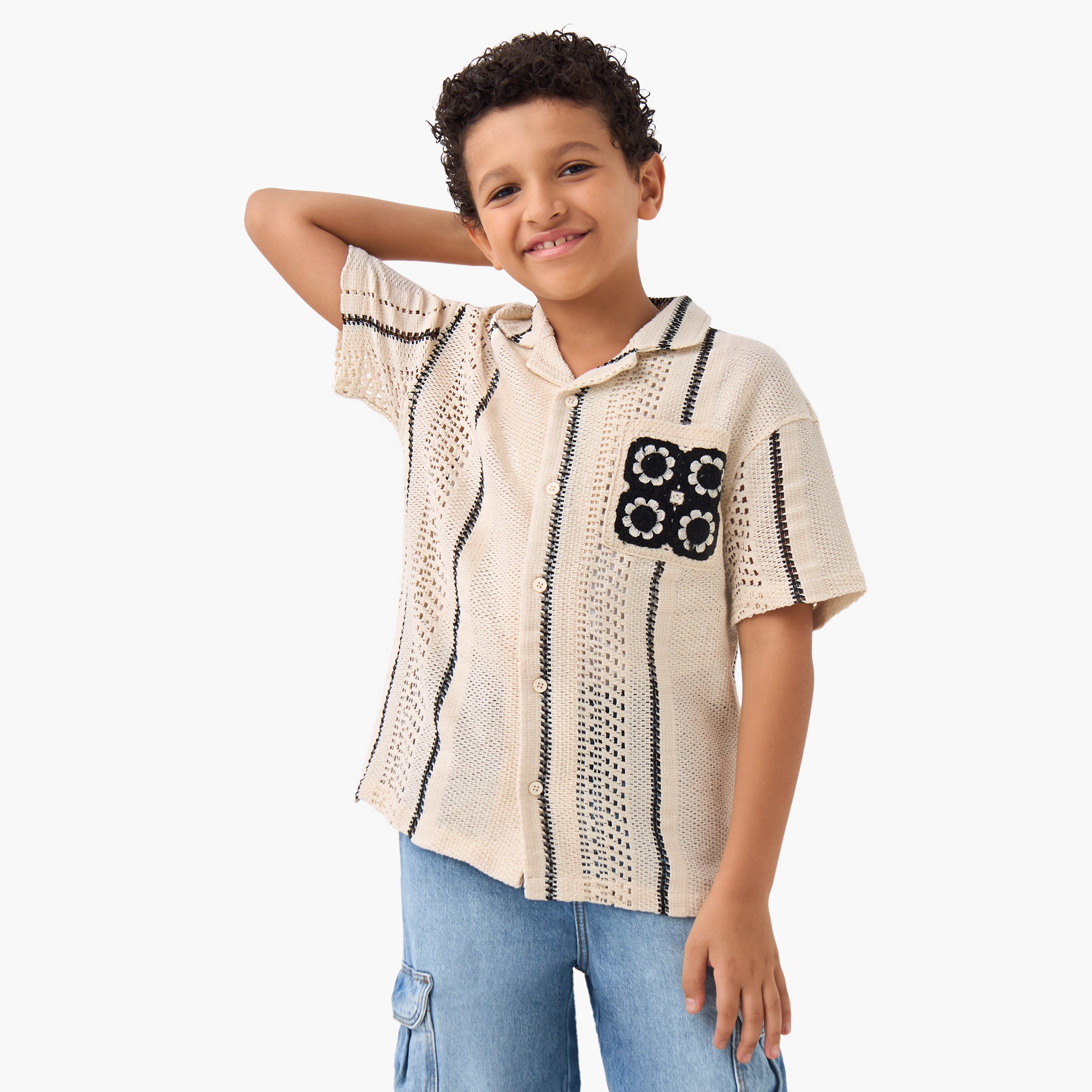 Eligo Striped Crochet Shirt with Camp Collar and Pocket-boys-clothing-shirts-image-1