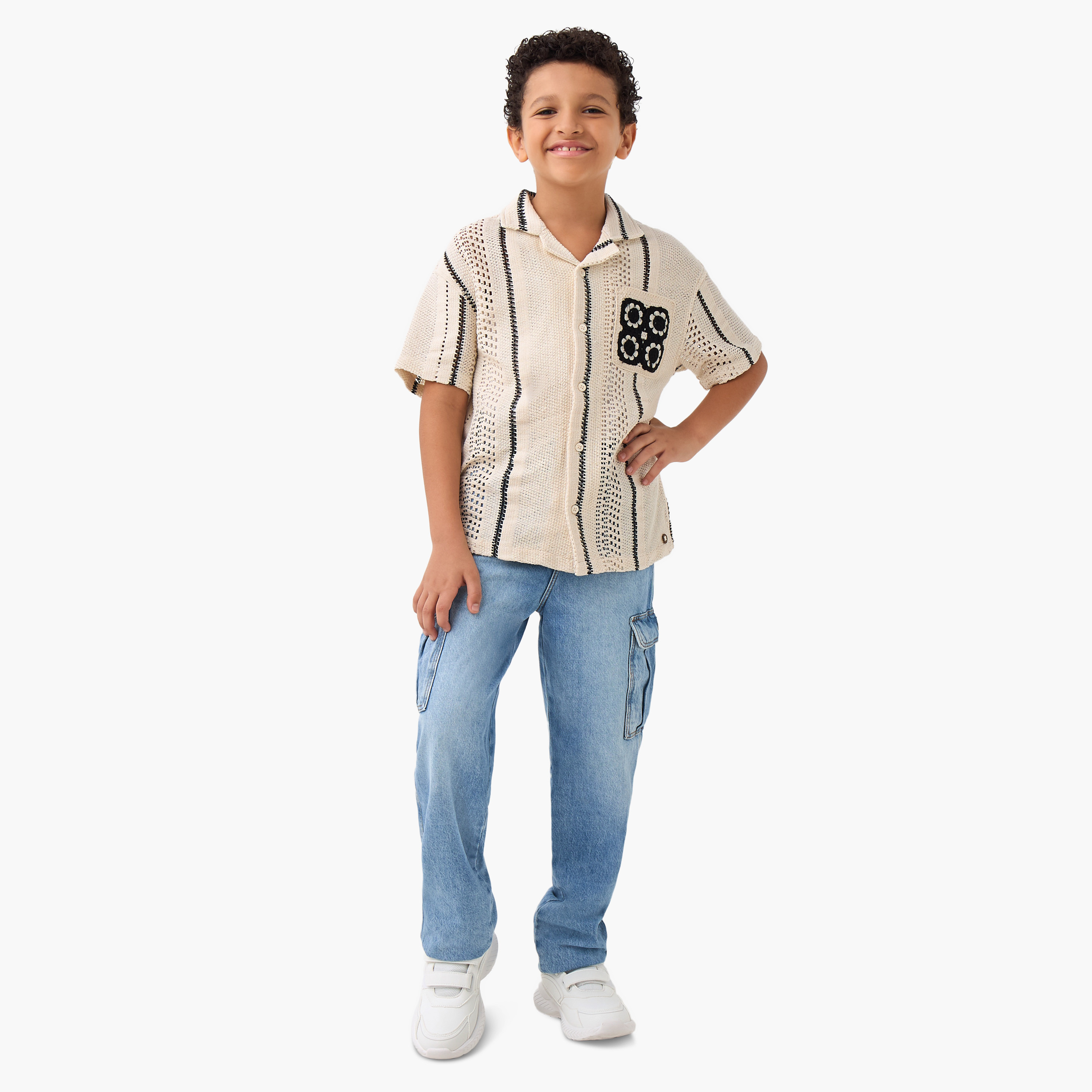 Eligo Striped Crochet Shirt with Camp Collar and Pocket-boys-clothing-shirts-image-2