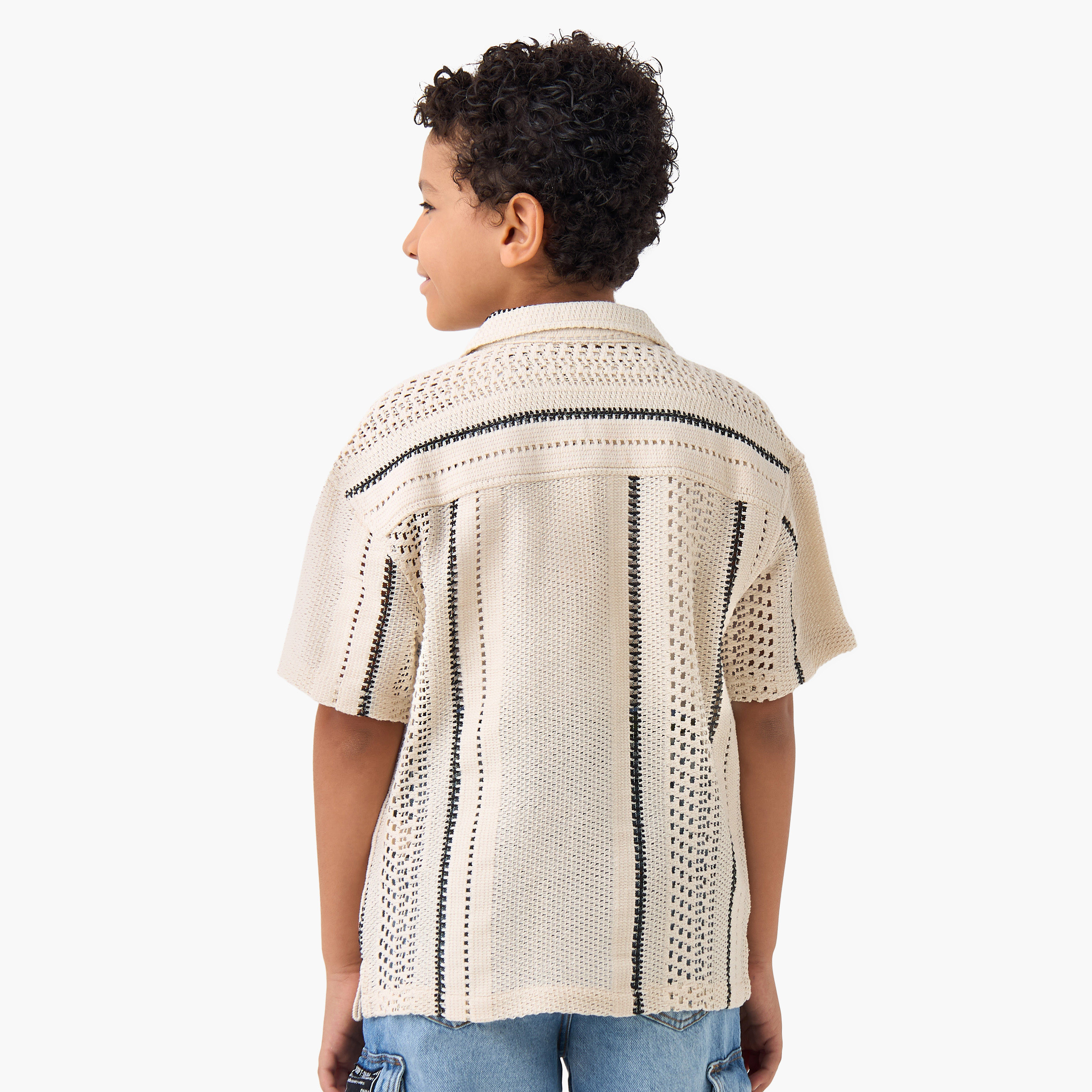 Eligo Striped Crochet Shirt with Camp Collar and Pocket-boys-clothing-shirts-image-3
