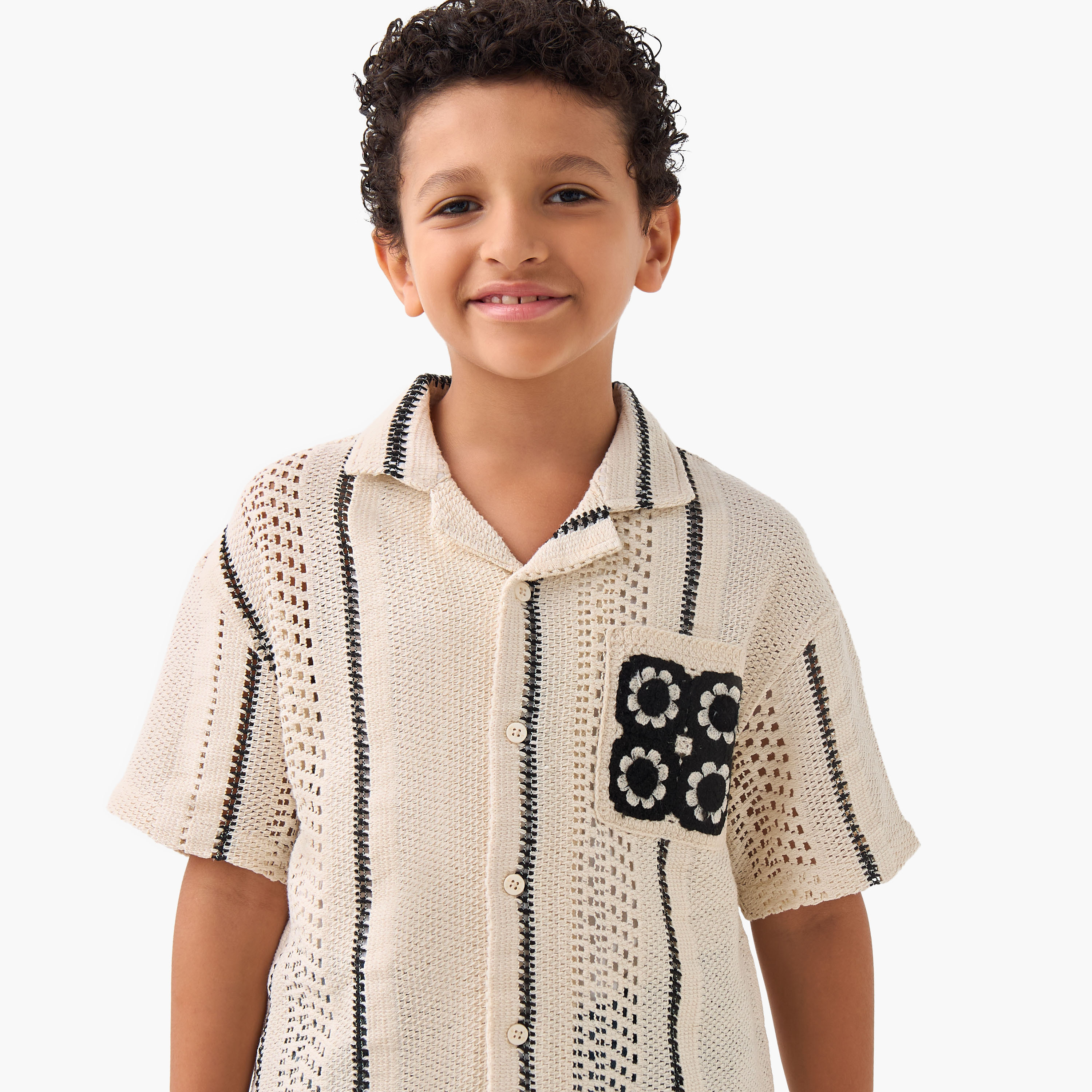 Eligo Striped Crochet Shirt with Camp Collar and Pocket-boys-clothing-shirts-image-4