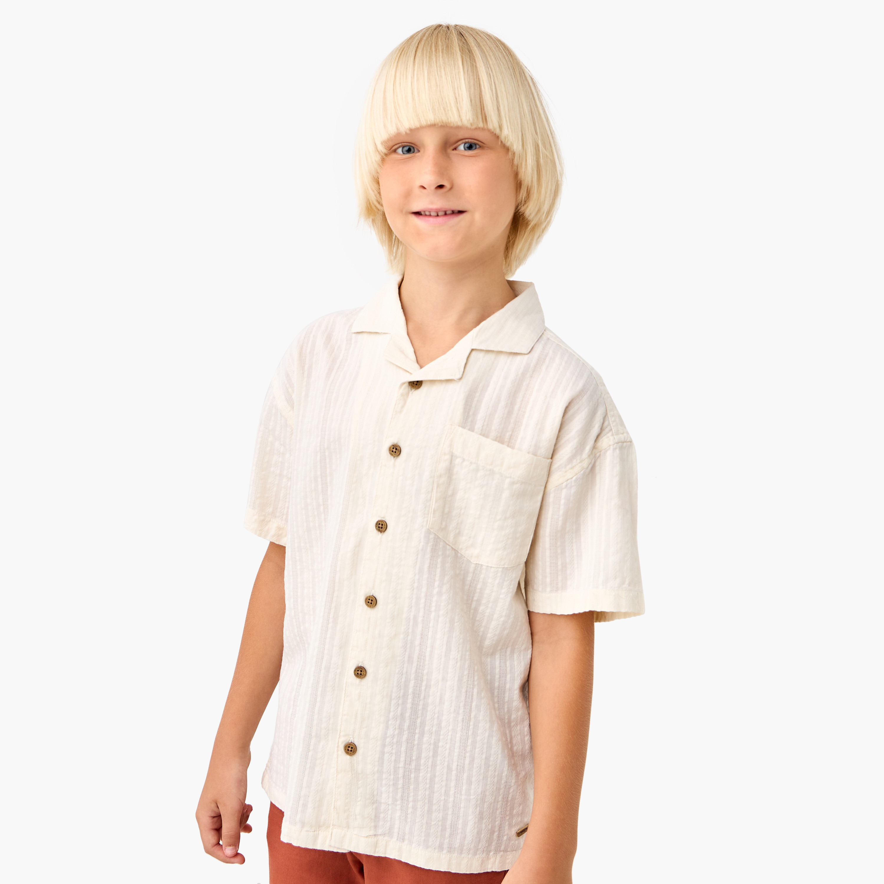 Eligo Textured Camp Collar Shirt with Short Sleeves-boys-clothing-shirts-image-1