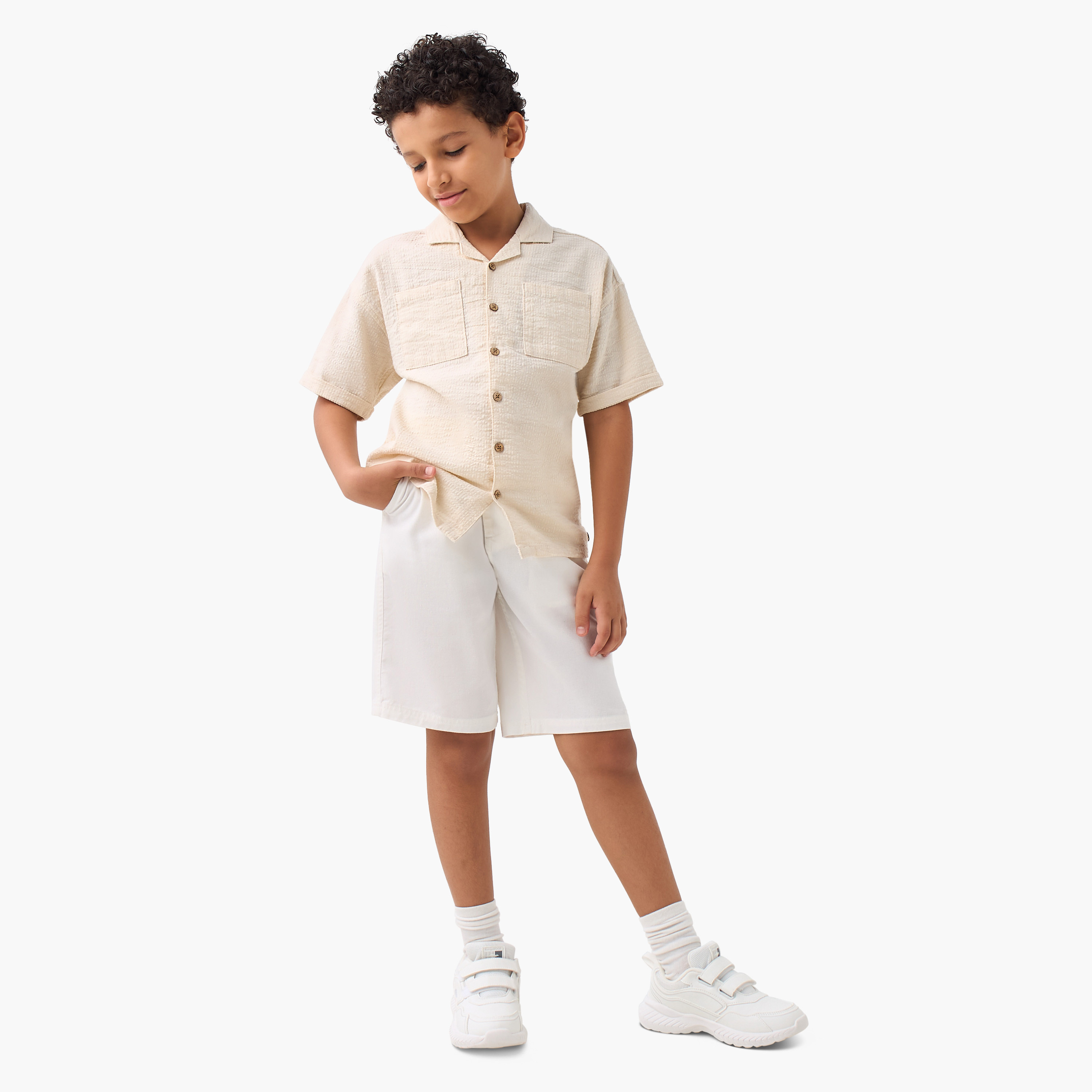 Eligo Textured Camp Collar Shirt with Chest Pocket and Elasticated Shorts-boys-clothing-setsandcoords-image-1