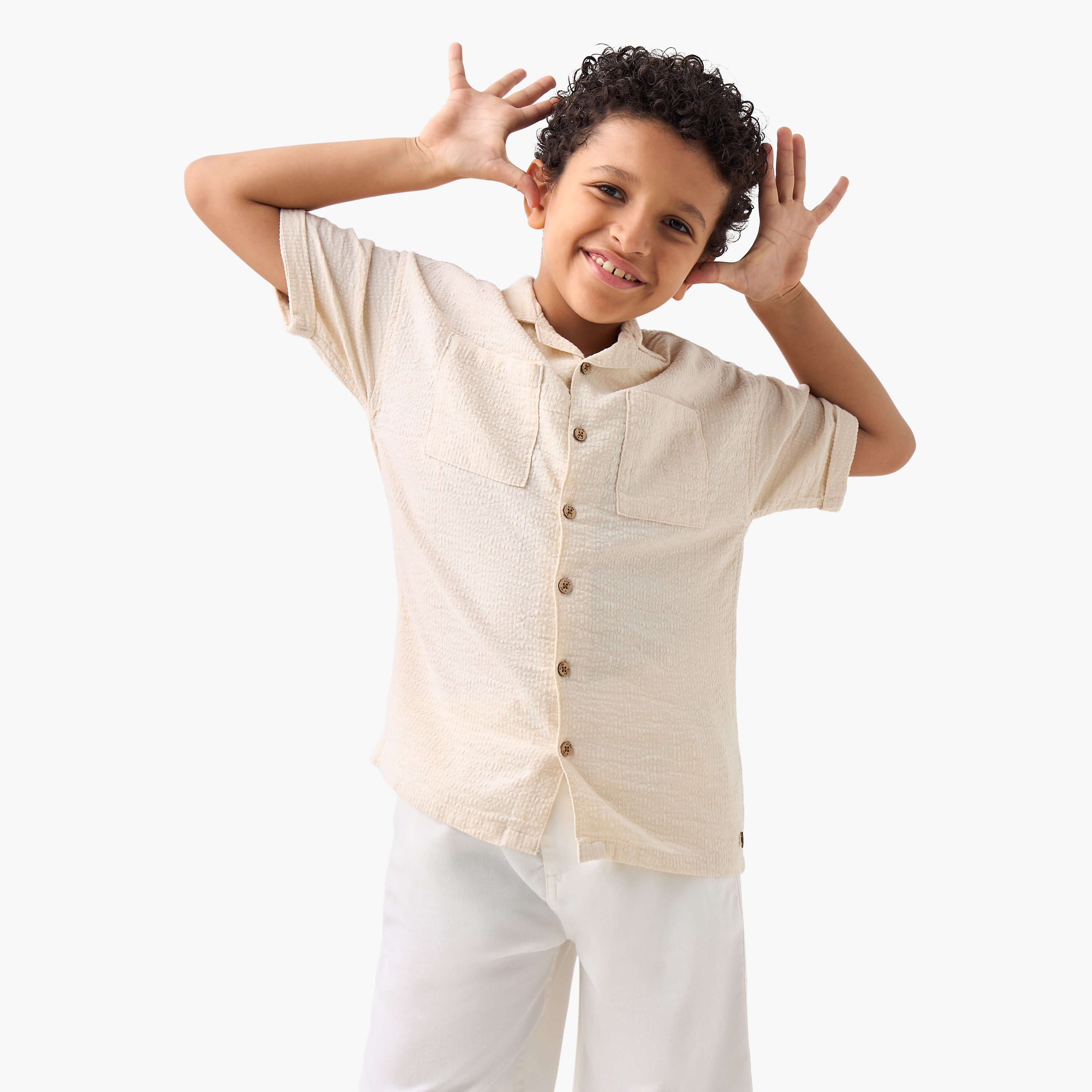Eligo Textured Camp Collar Shirt with Chest Pocket and Elasticated Shorts-boys-clothing-setsandcoords-image-2