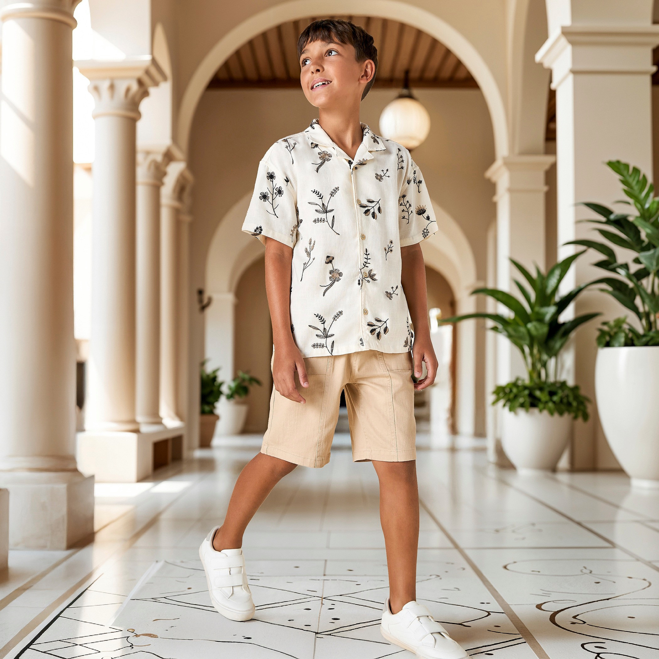 Eligo Floral Embroidered Camp Collar Shirt and Panelled Shorts Set-boys-clothing-setsandcoords-image-1