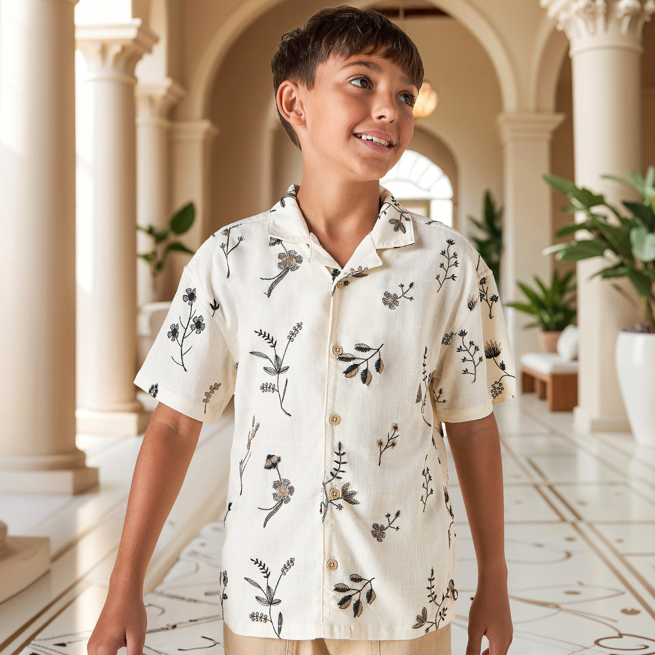 Eligo Floral Embroidered Camp Collar Shirt and Panelled Shorts Set-boys-clothing-setsandcoords-image-2