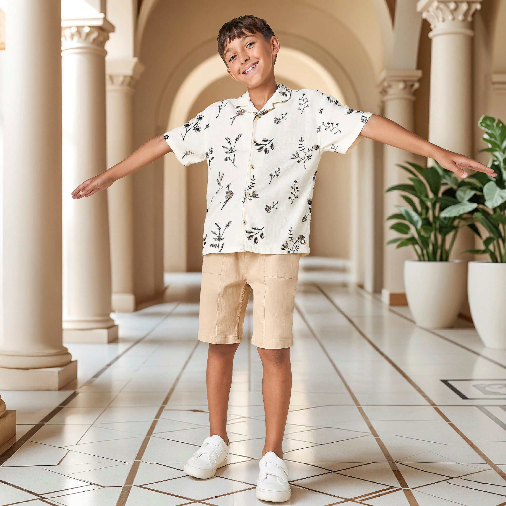 Eligo Floral Embroidered Camp Collar Shirt and Panelled Shorts Set-boys-clothing-setsandcoords-image-7
