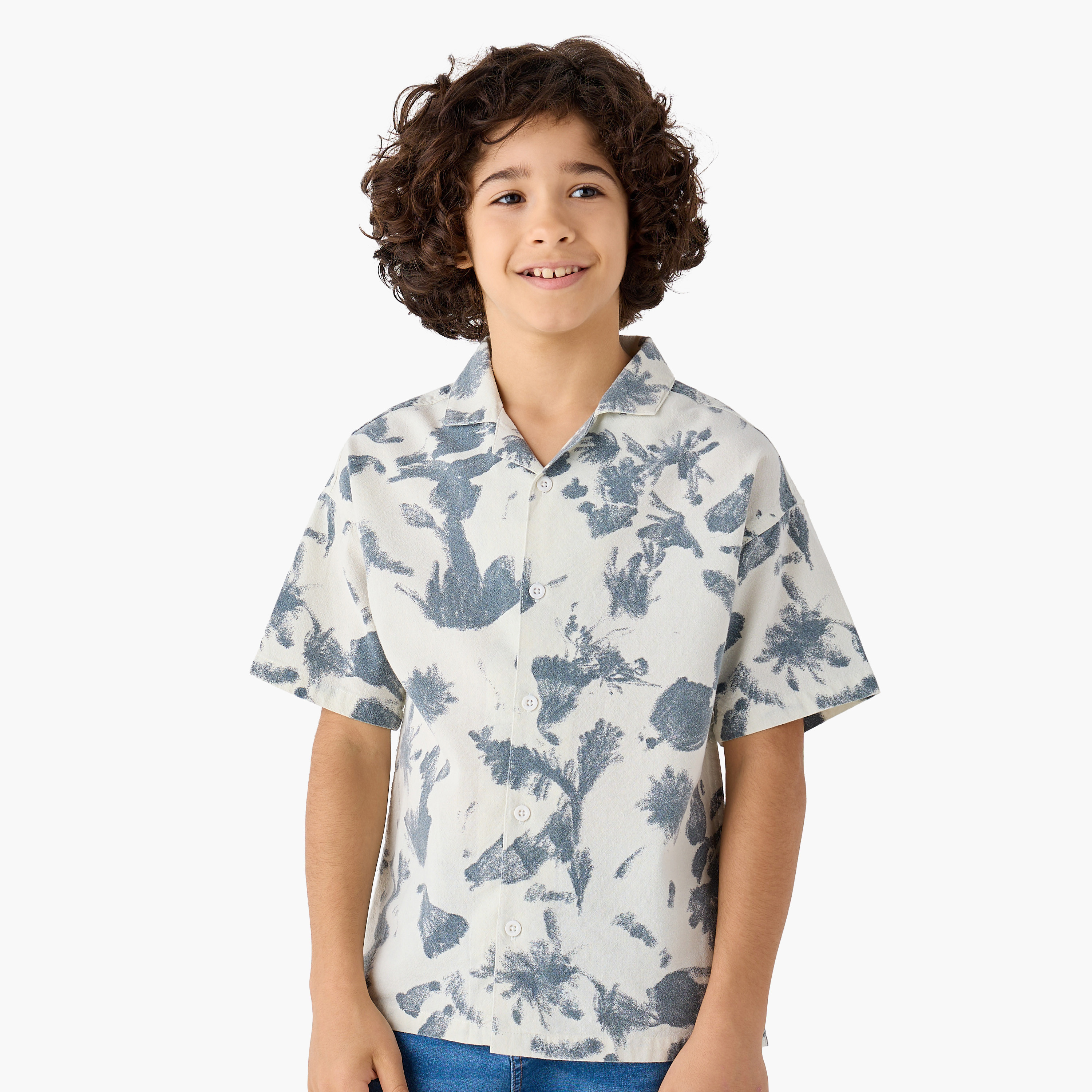 Lee Cooper Print Camp Collar Shirt with Short Sleeves and Button Closure-boys-clothing-shirts-image-1