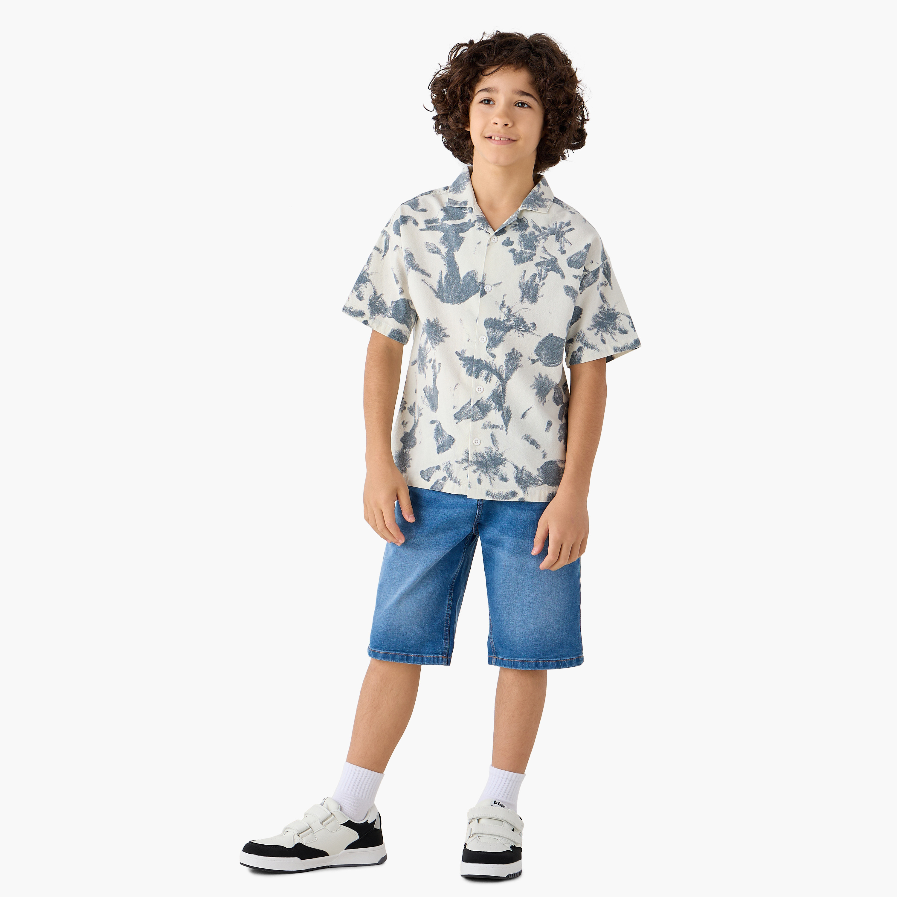 Lee Cooper Print Camp Collar Shirt with Short Sleeves and Button Closure-boys-clothing-shirts-image-2