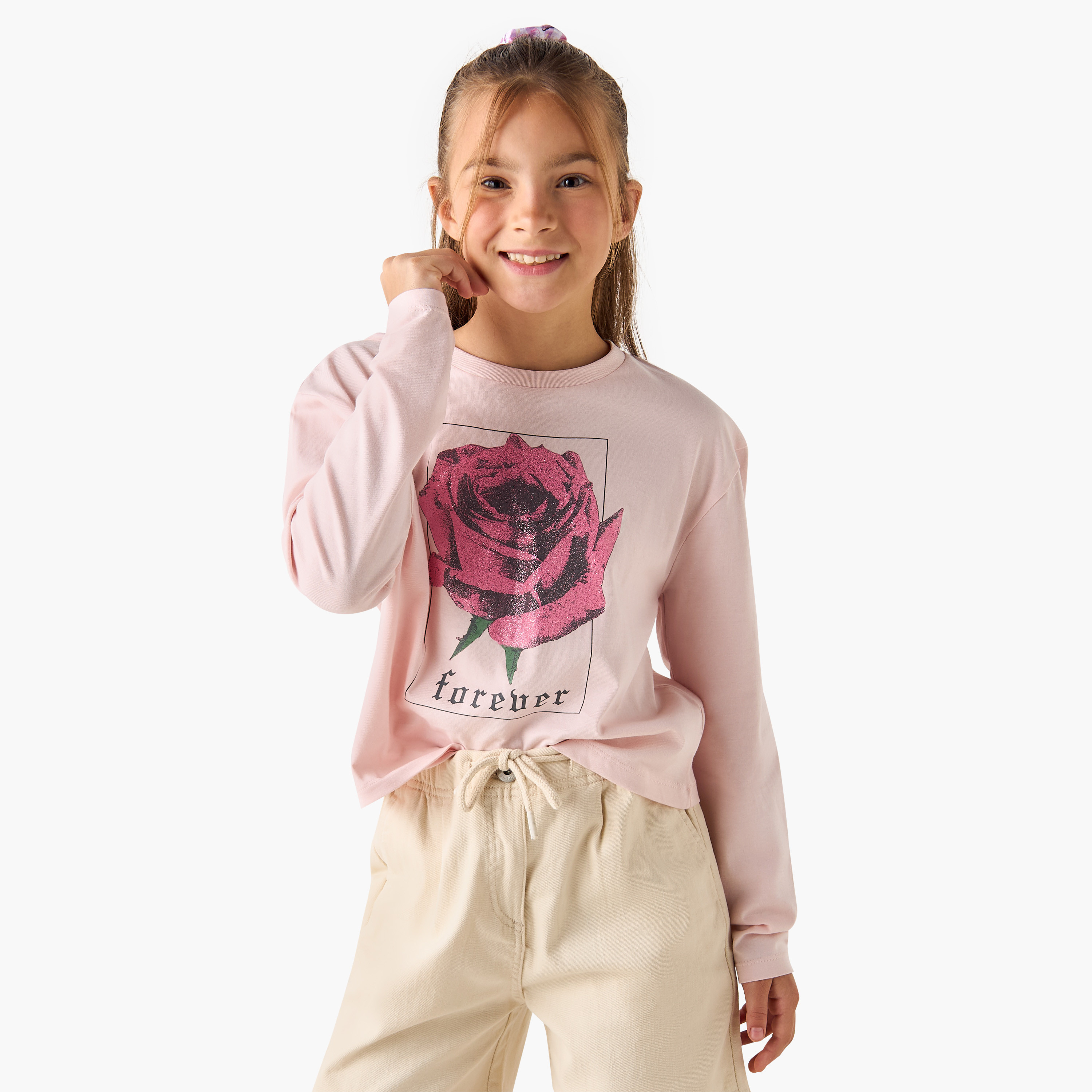 Juniors Rose Print Crew Neck T-shirt with Long Sleeves-girls-clothing-tshirts-image-1