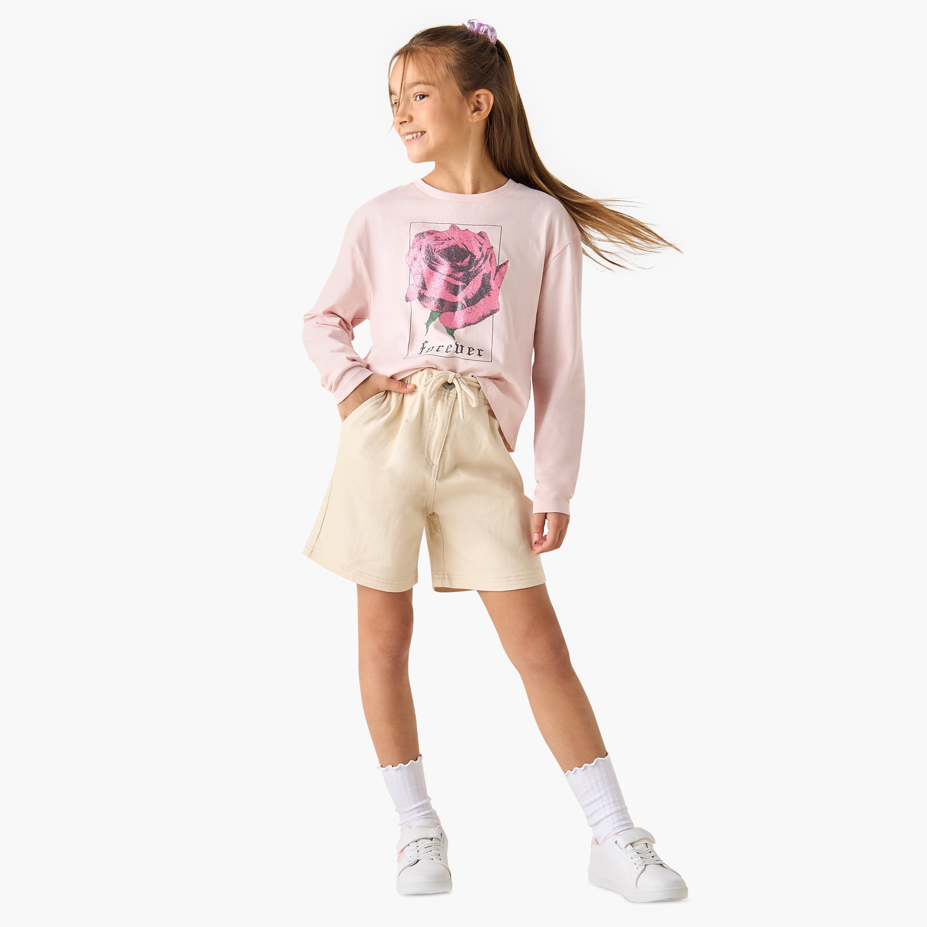 Juniors Rose Print Crew Neck T-shirt with Long Sleeves-girls-clothing-tshirts-image-2