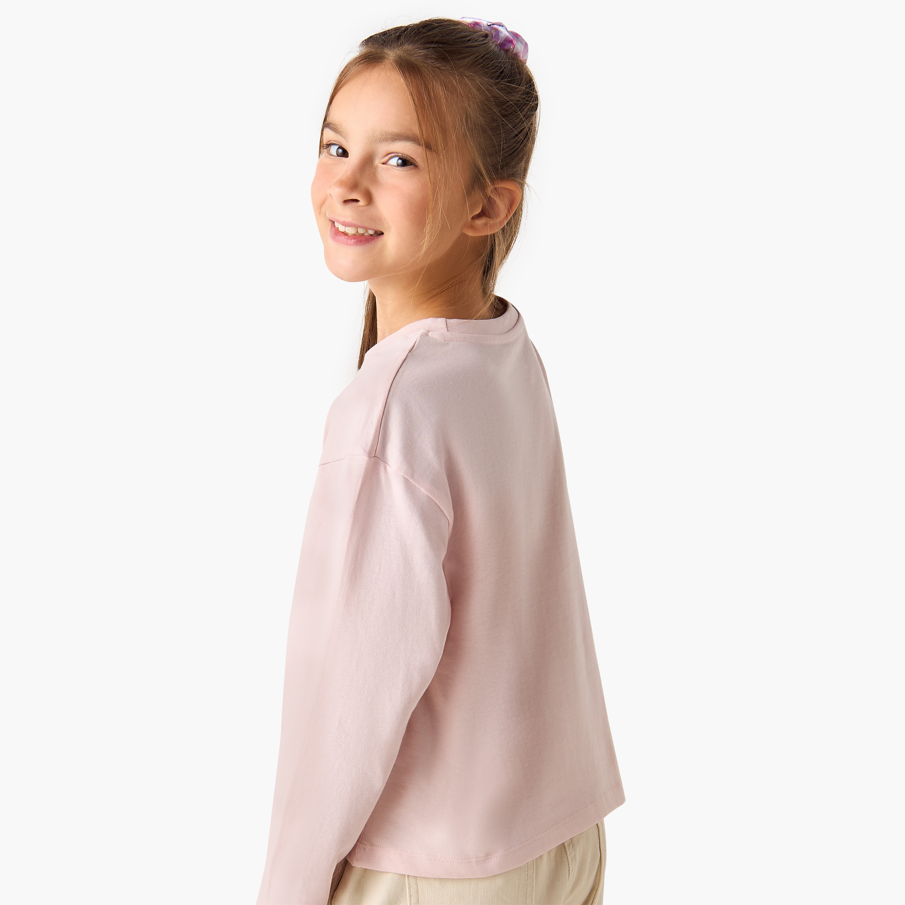 Juniors Rose Print Crew Neck T-shirt with Long Sleeves-girls-clothing-tshirts-image-3