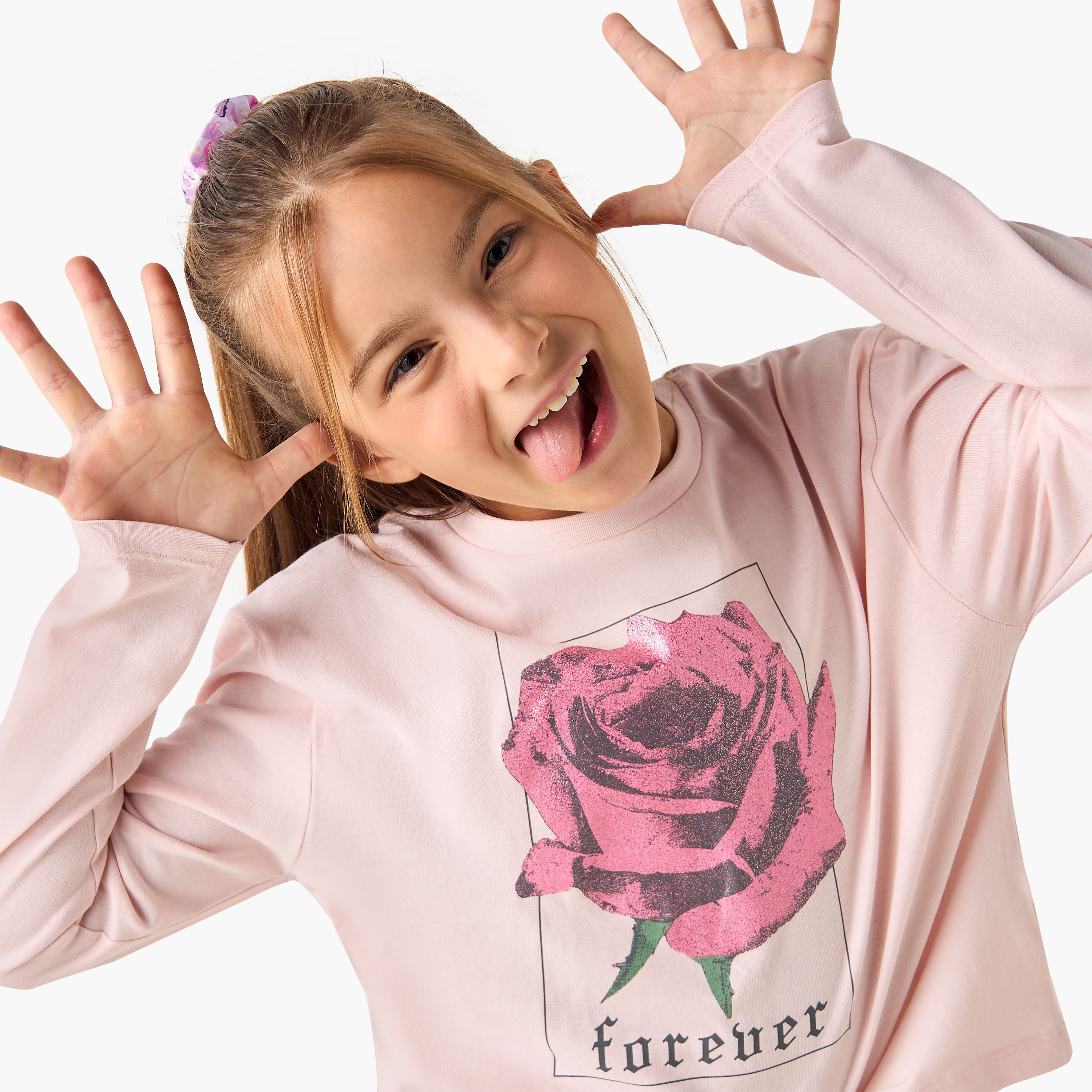 Juniors Rose Print Crew Neck T-shirt with Long Sleeves-girls-clothing-tshirts-image-4