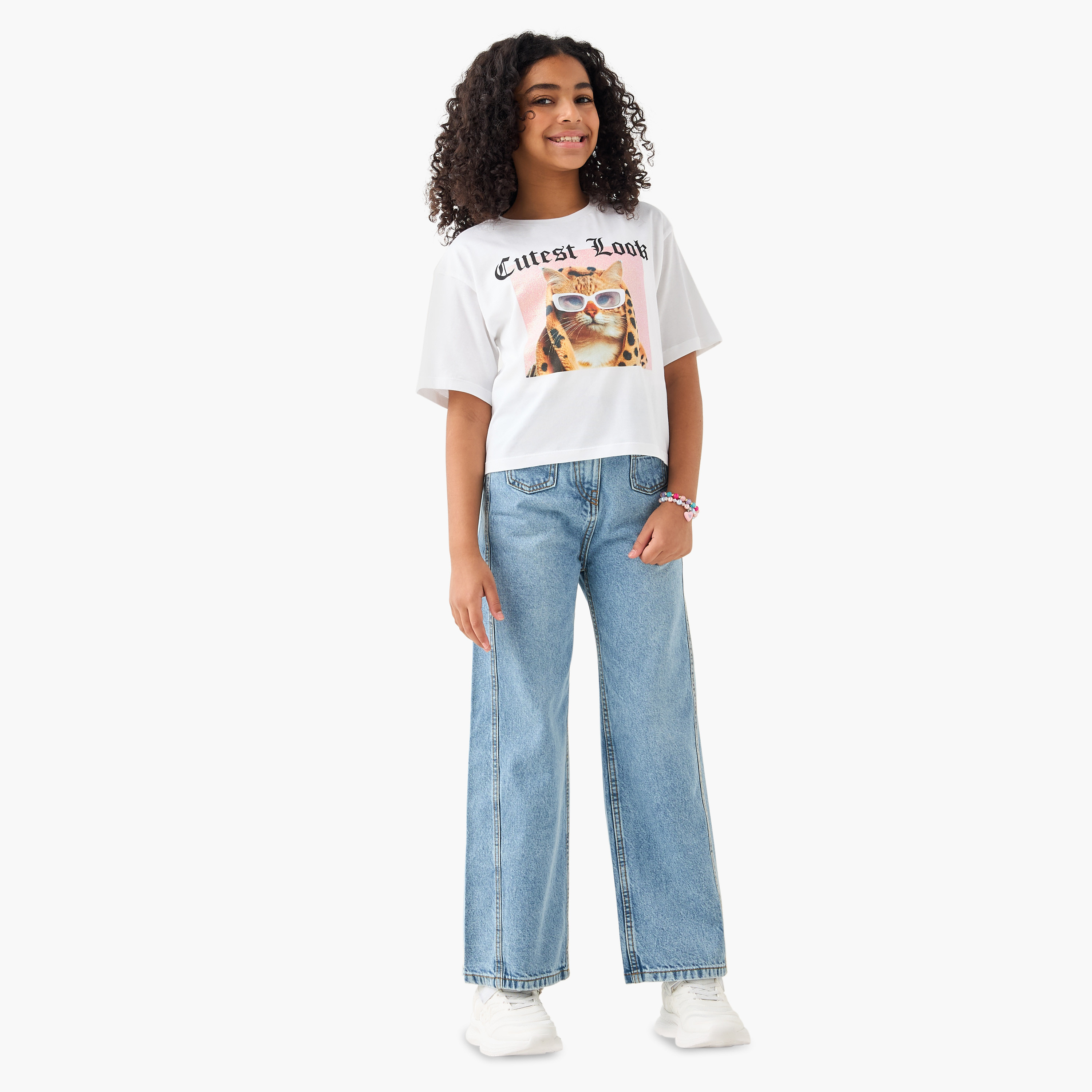 تيشيرت بياقة ضيقة وأكمام قصيرة وطبعات جرافيك من جونيورز-girls-clothing-tshirts-image-2