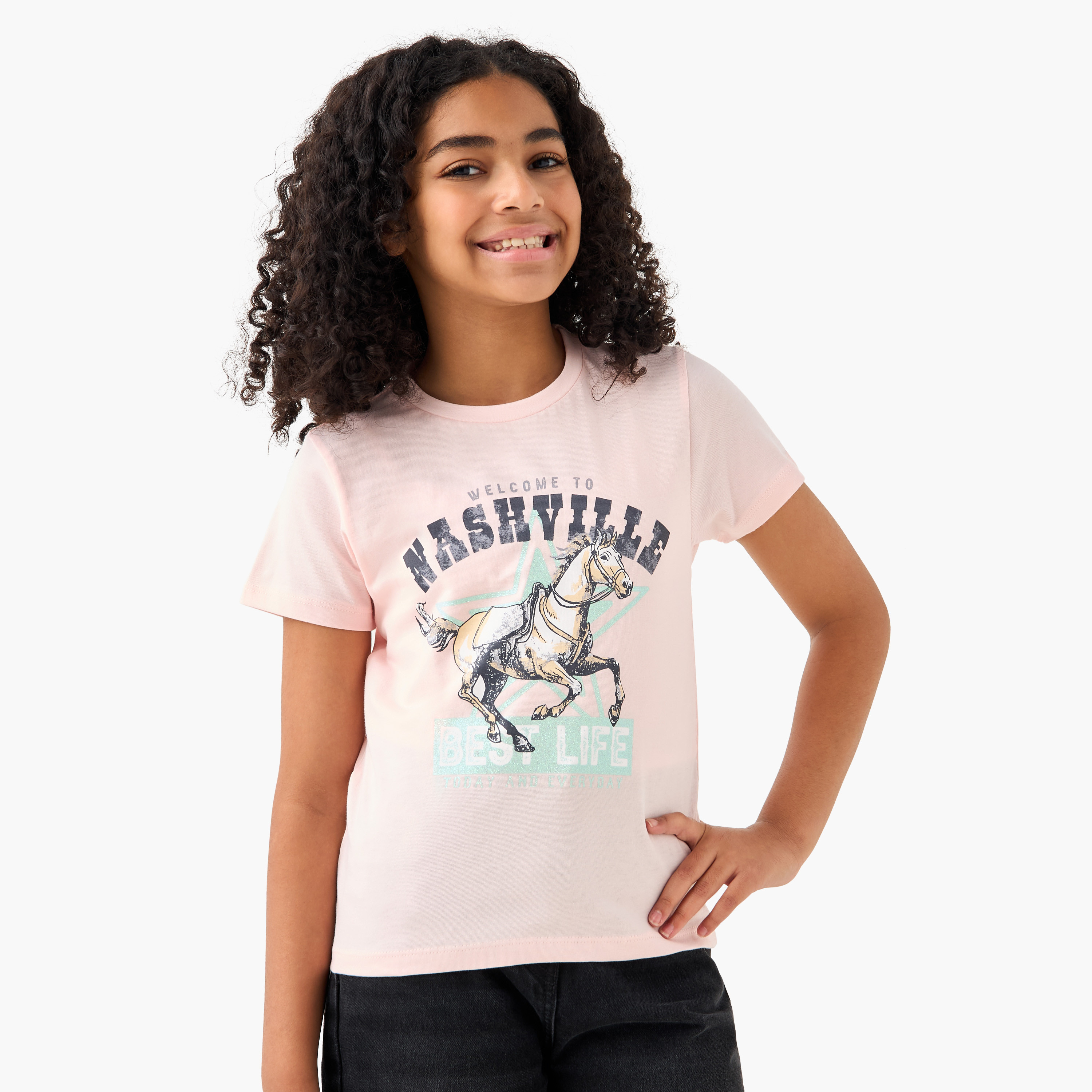Juniors Graphic Print Crew Neck T-shirt with Short Sleeves-girls-clothing-tshirts-image-1
