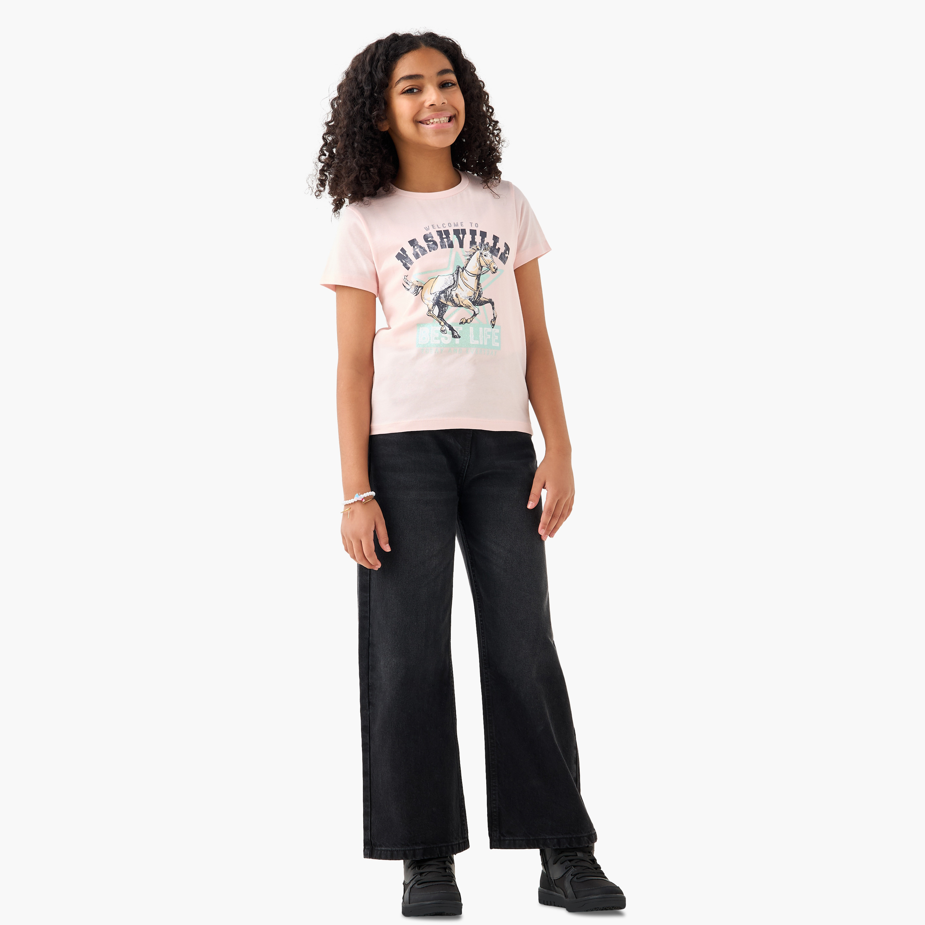 Juniors Graphic Print Crew Neck T-shirt with Short Sleeves-girls-clothing-tshirts-image-2