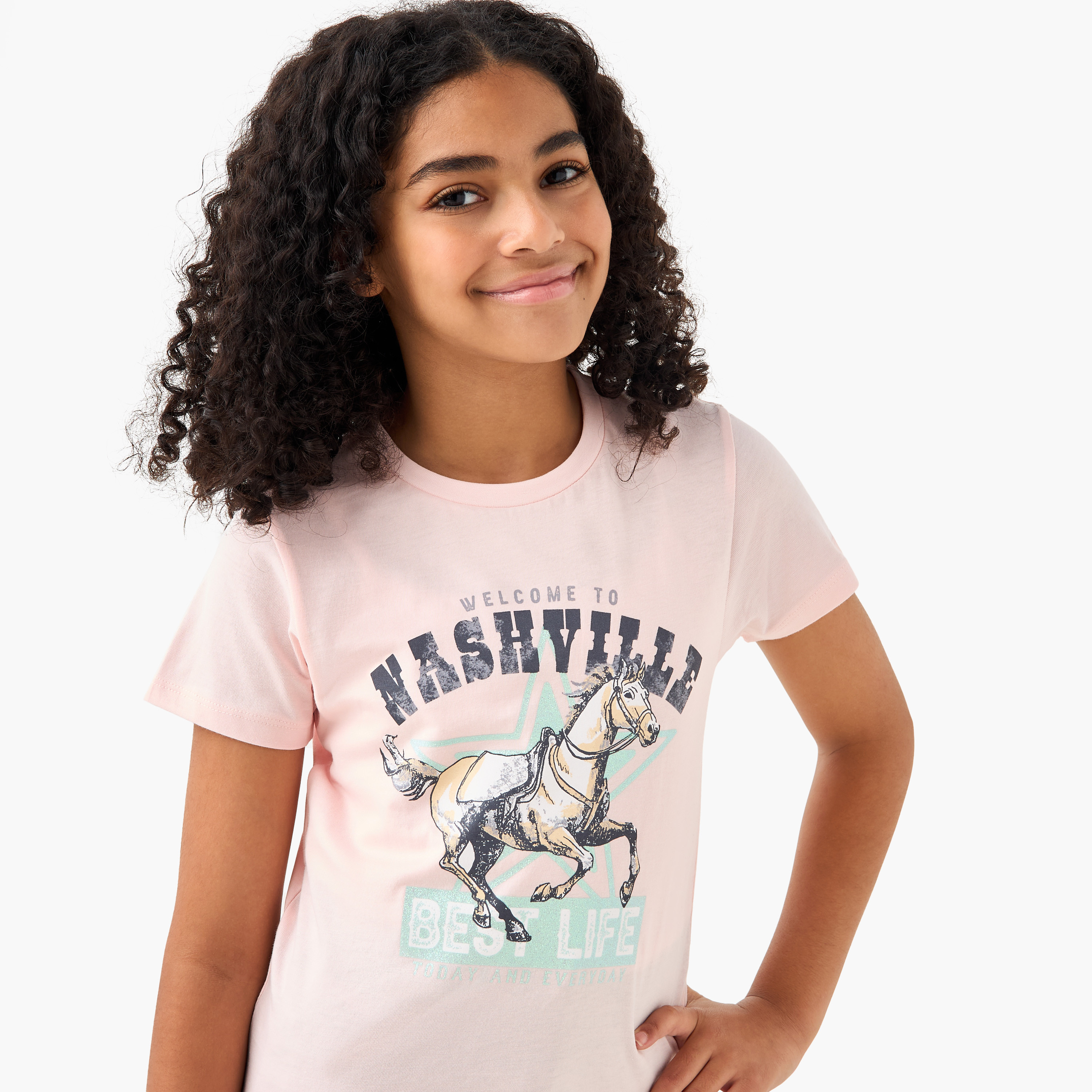 Juniors Graphic Print Crew Neck T-shirt with Short Sleeves-girls-clothing-tshirts-image-4