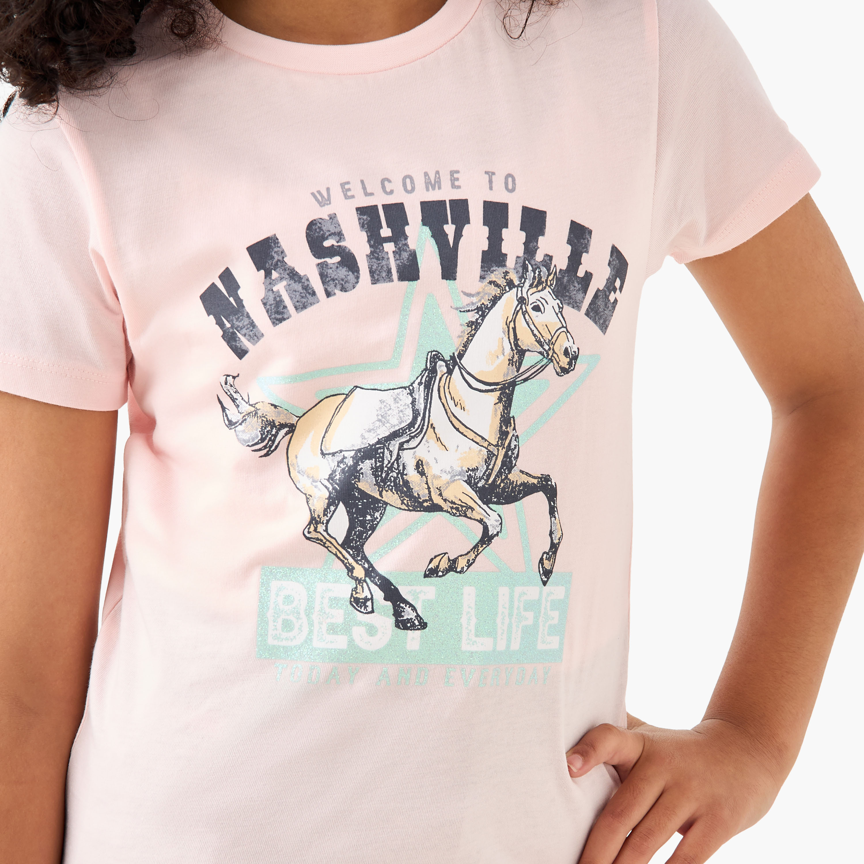 Juniors Graphic Print Crew Neck T-shirt with Short Sleeves-girls-clothing-tshirts-image-5