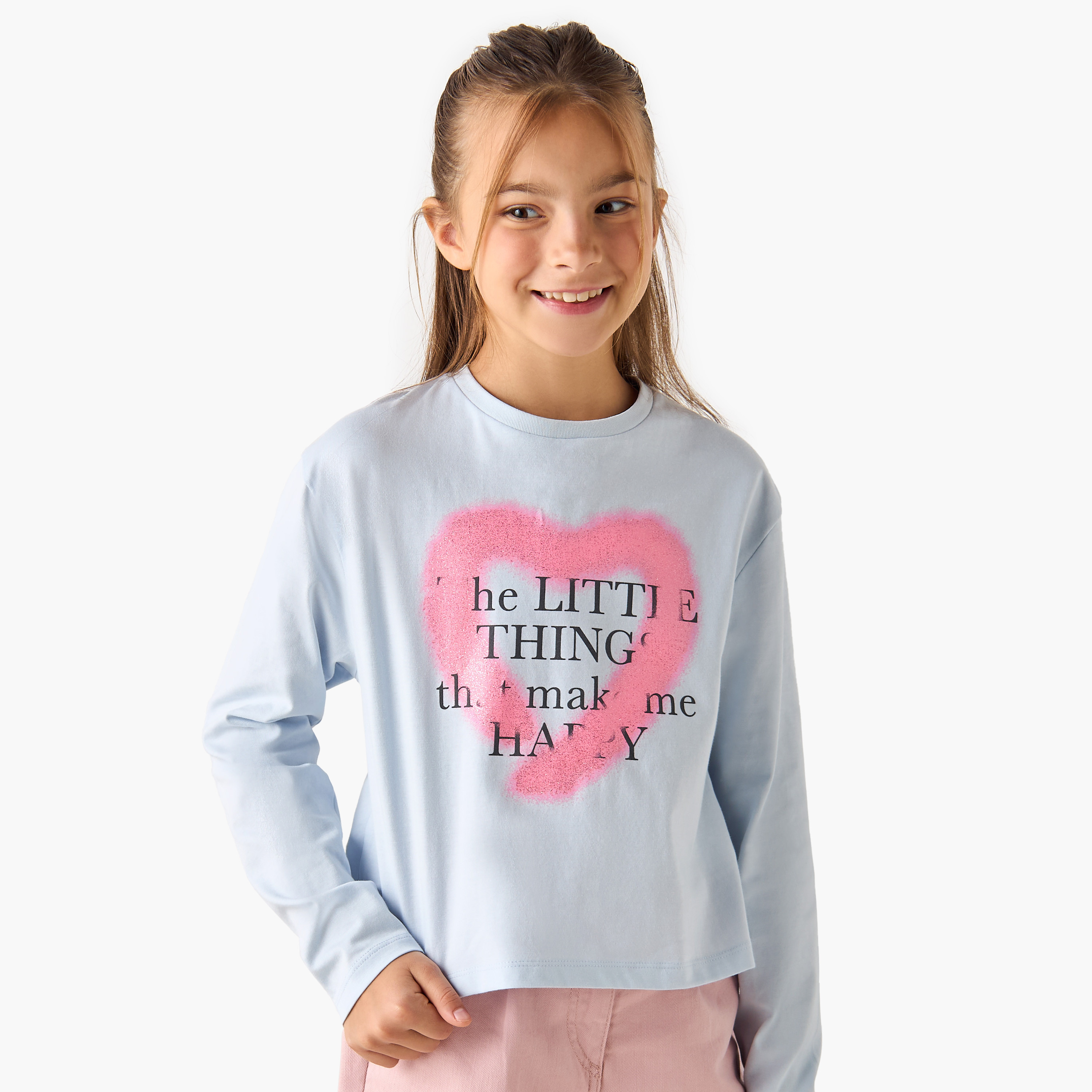 Juniors Heart Print Crew Neck T-shirt with Long Sleeves-girls-clothing-tshirts-image-1