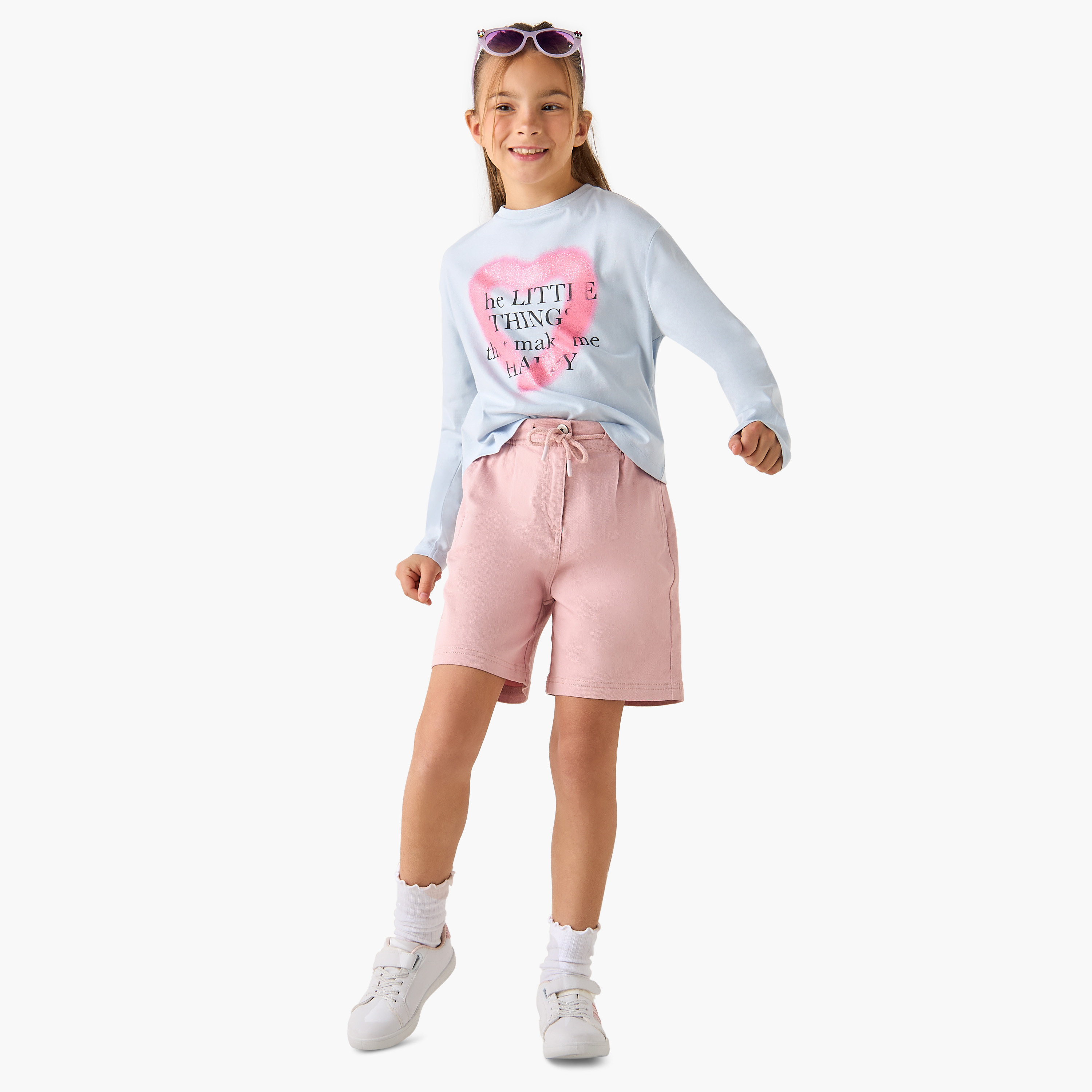 Juniors Heart Print Crew Neck T-shirt with Long Sleeves-girls-clothing-tshirts-image-2