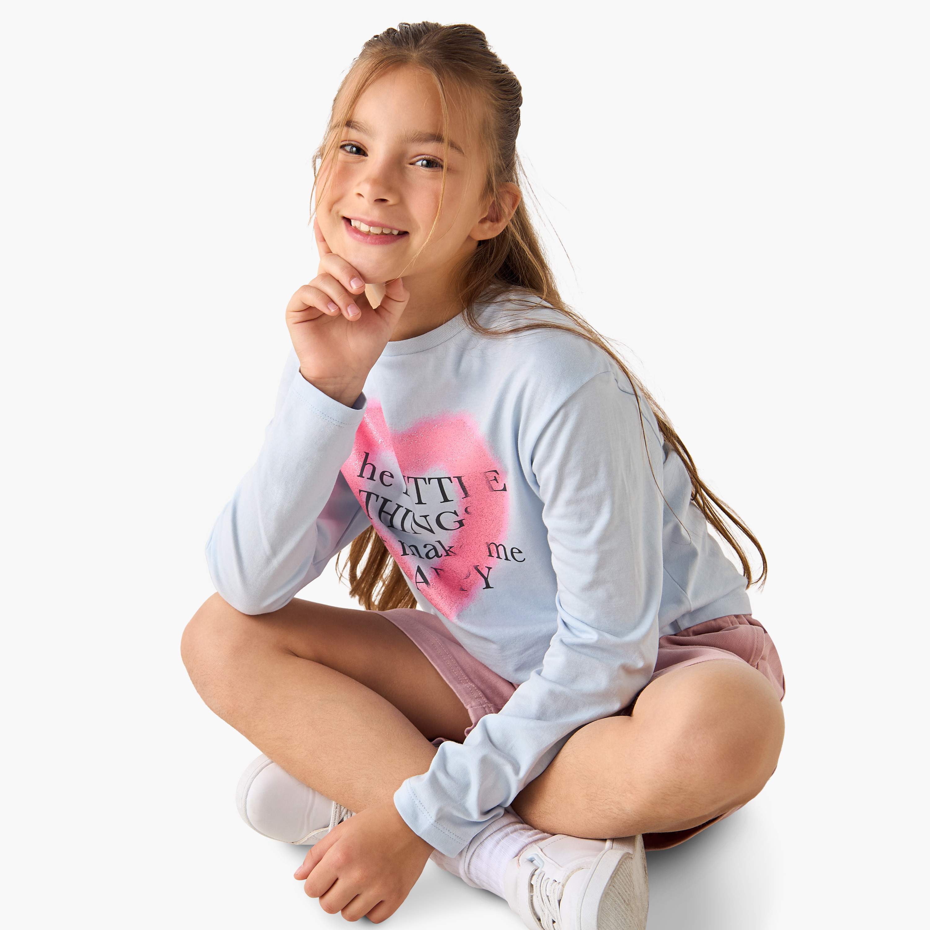 Juniors Heart Print Crew Neck T-shirt with Long Sleeves-girls-clothing-tshirts-image-4