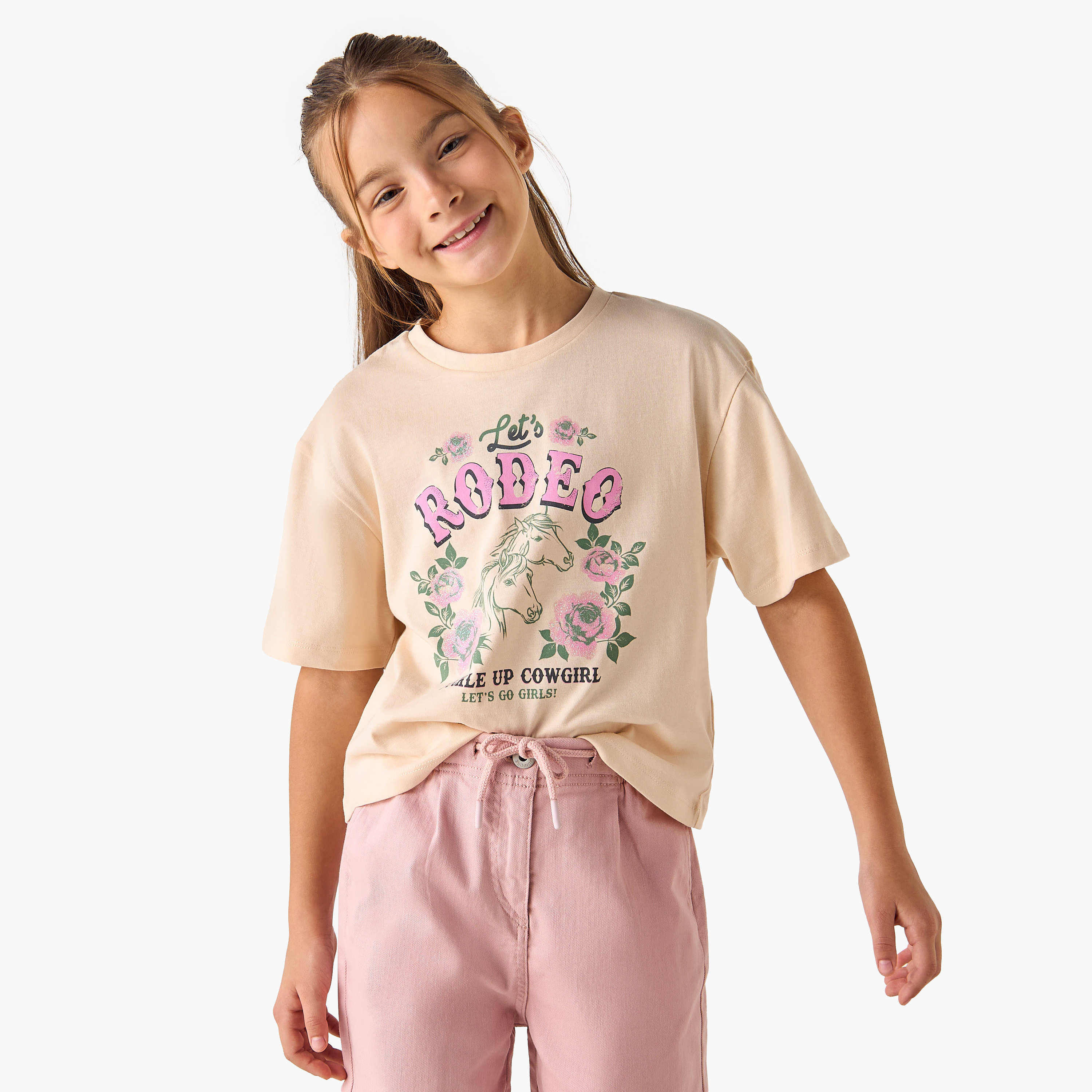 Juniors Graphic Print Crew Neck T-shirt with Short Sleeves-girls-clothing-tshirts-image-1